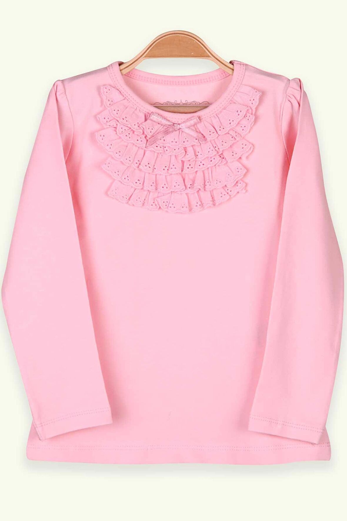 Breeze Kız Bebek Uzun Kollu Tişört Güpürlü Fiyonklu 6 Ay-8 Yaş, Pudra