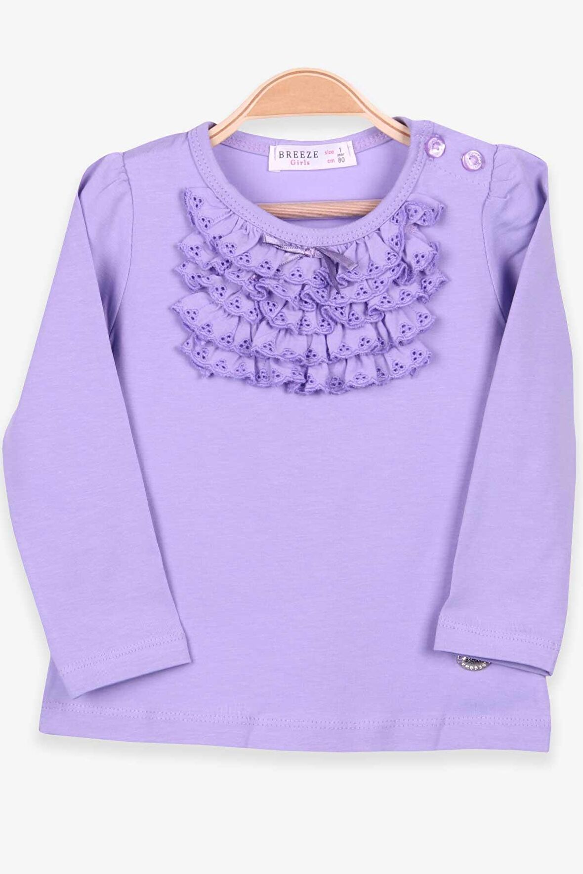 Breeze Kız Çocuk Uzun Kollu Tişört Güpürlü Fiyonklu 6 Ay-8 Yaş, Lila