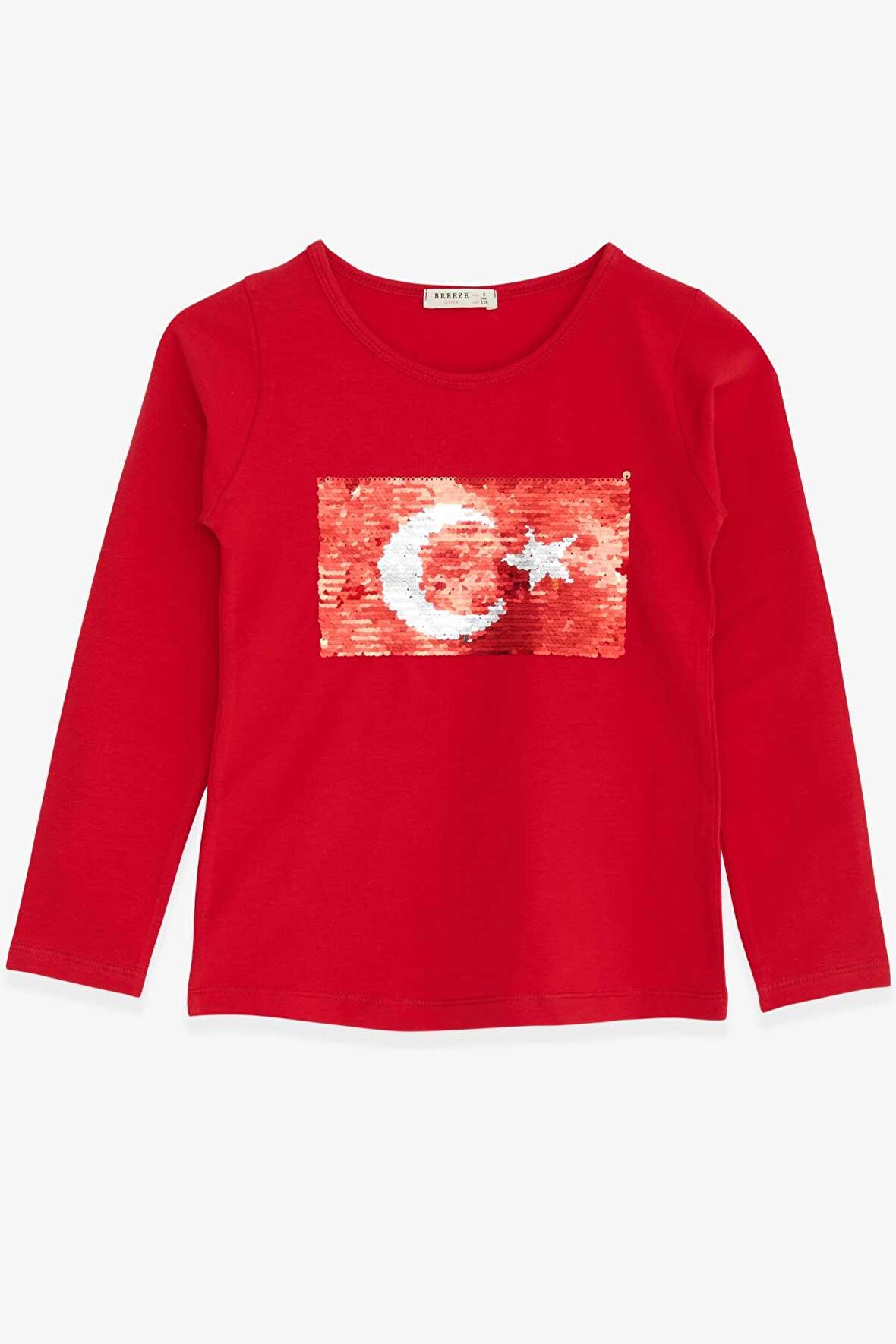Breeze Kız Çocuk Uzun Kollu Tişört Pullu Ay Yıldız 4-14 Yaş, Kırmızı