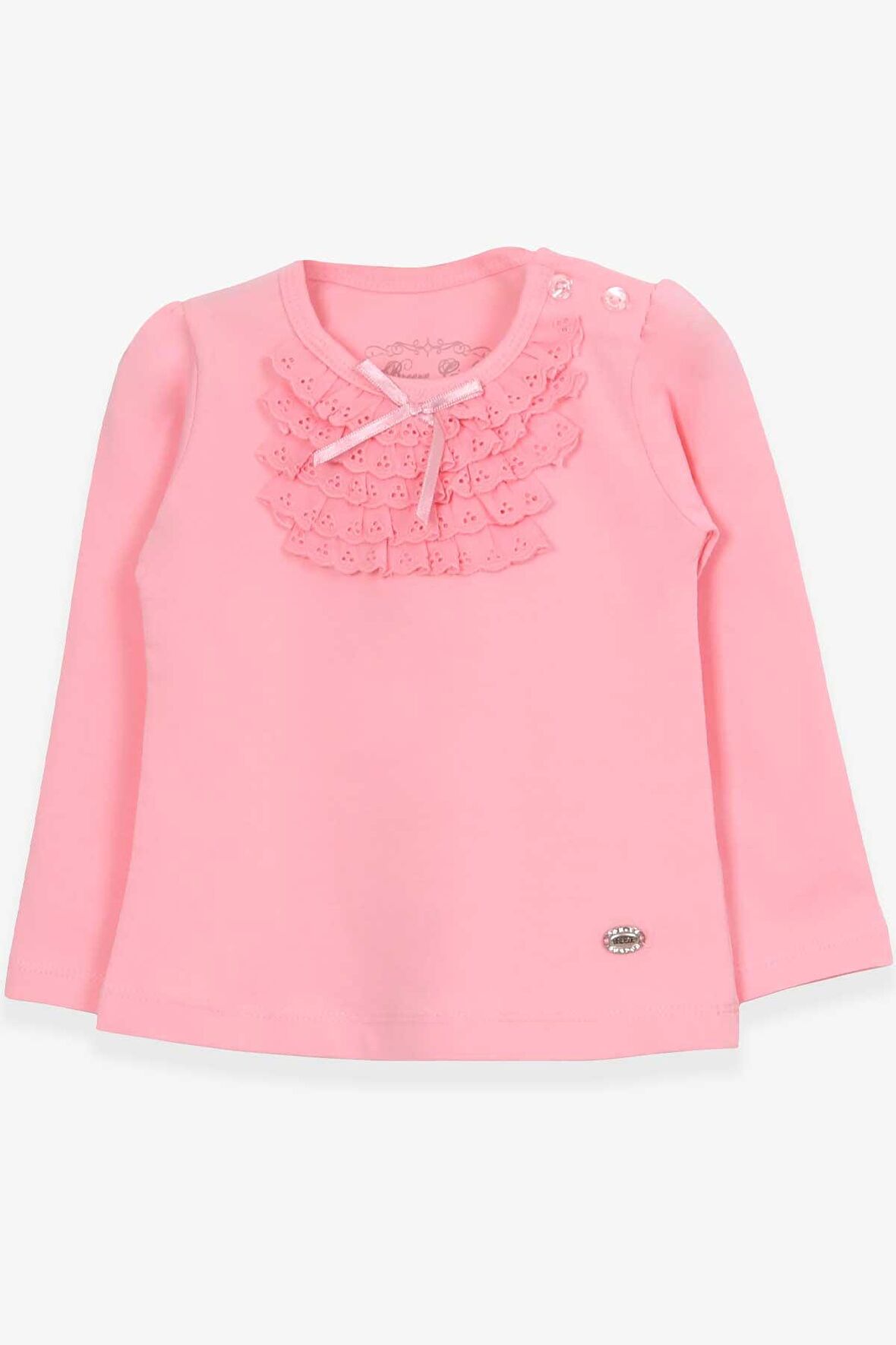 Breeze Kız Bebek Uzun Kollu Tişört Güpürlü Fiyonklu 6 Ay-2 Yaş, Pudra