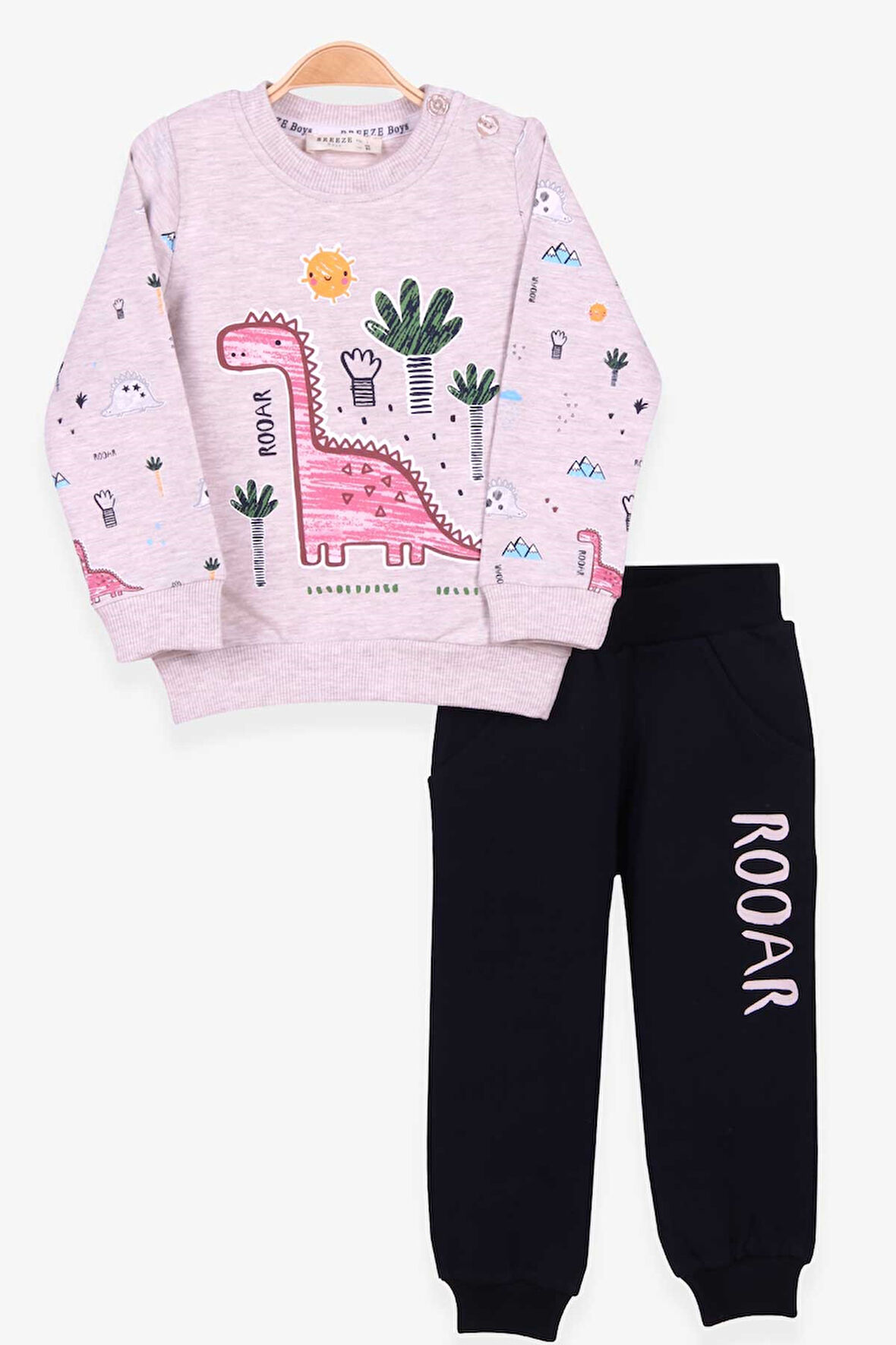 Breeze Erkek Bebek Eşofman Takımı Dinozor Desenli 6 Ay-2 Yaş, Bej Melanj