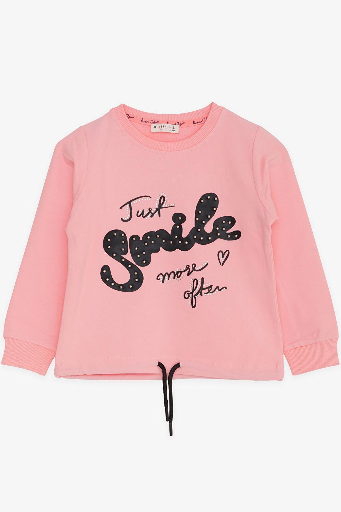 Breeze Kız Çocuk Sweatshirt İncili Taşlı Beli Bağcıklı 6-12 Yaş, Pudra