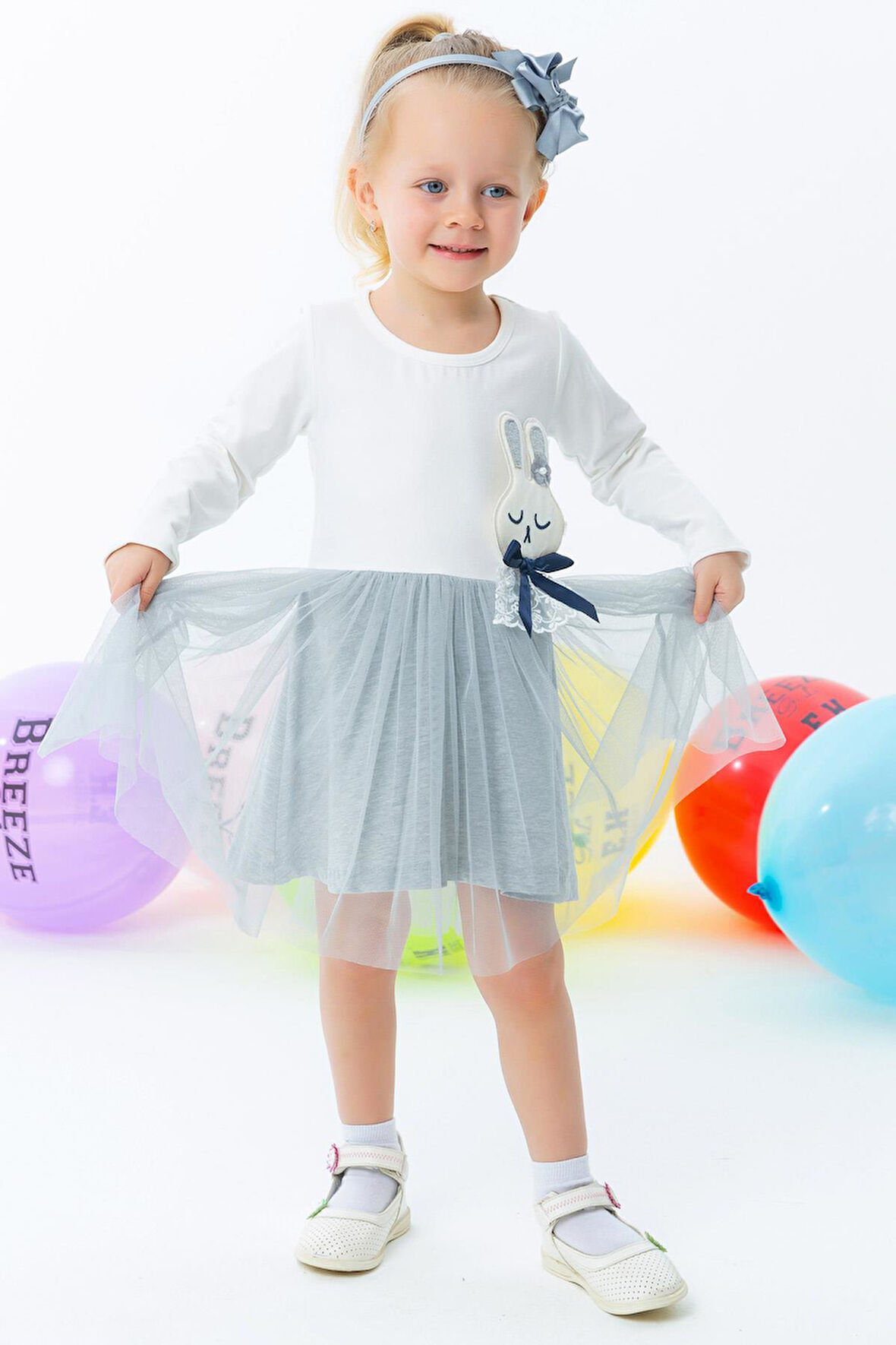 Breeze Kız Çocuk Uzun Kollu Elbise Tavşanlı Nakışlı 1.5-5 Yaş, Ekru
