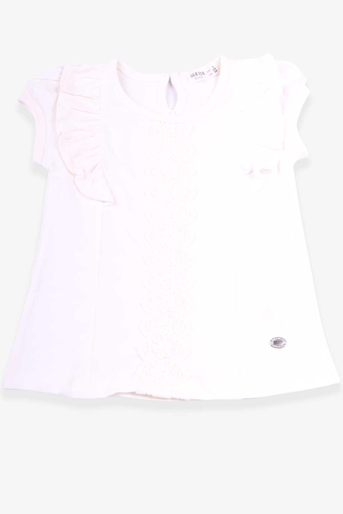 Breeze Kız Çocuk Tişört Fırfırlı Güpürlü 3-8 Yaş, Ekru