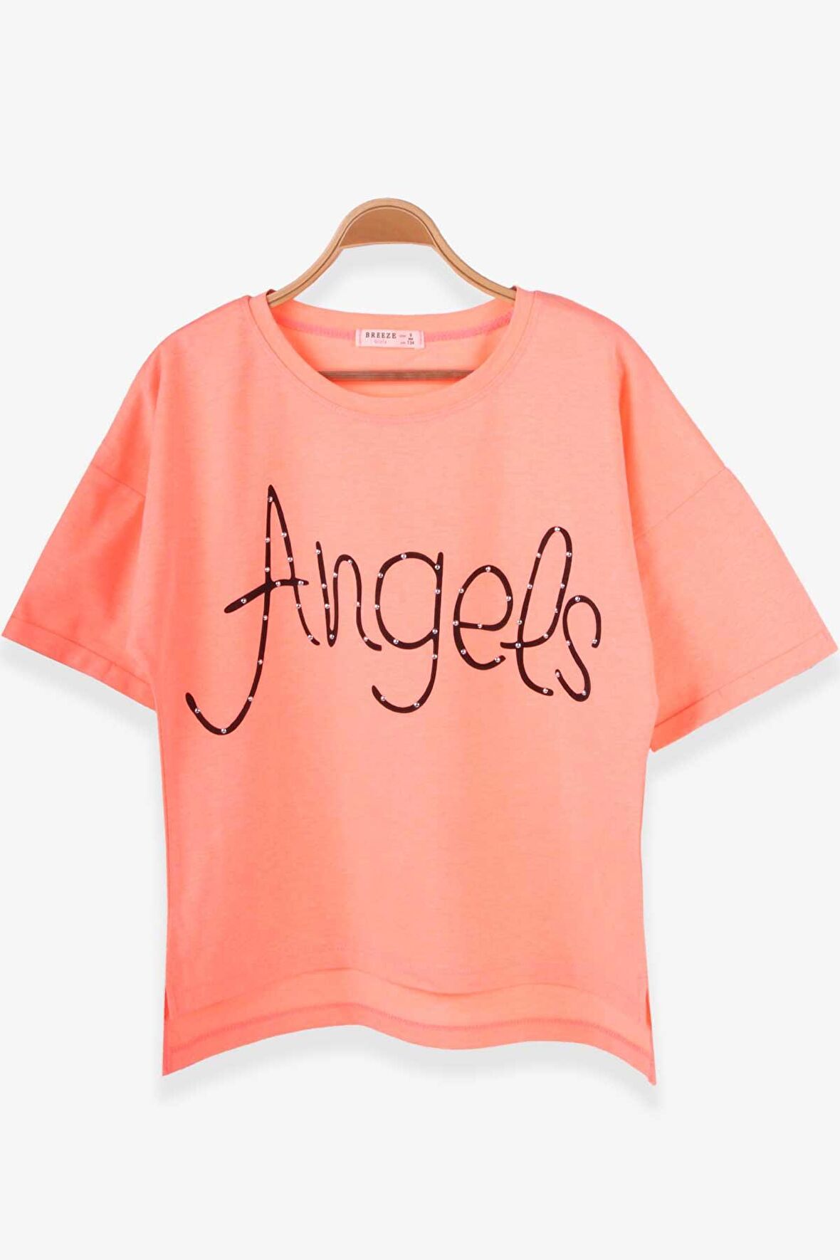 Breeze Kız Çocuk Tişört Taşlı Yazı Baskılı 9-16 Yaş, Neon Turuncu