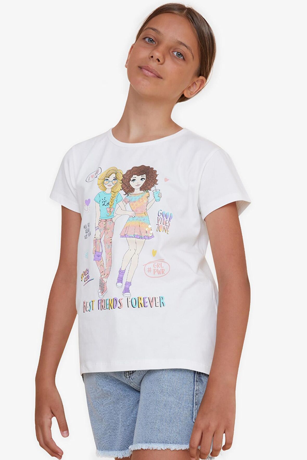 Breeze Kız Çocuk Tişört Dostluk Temalı 8-12 Yaş, Ekru