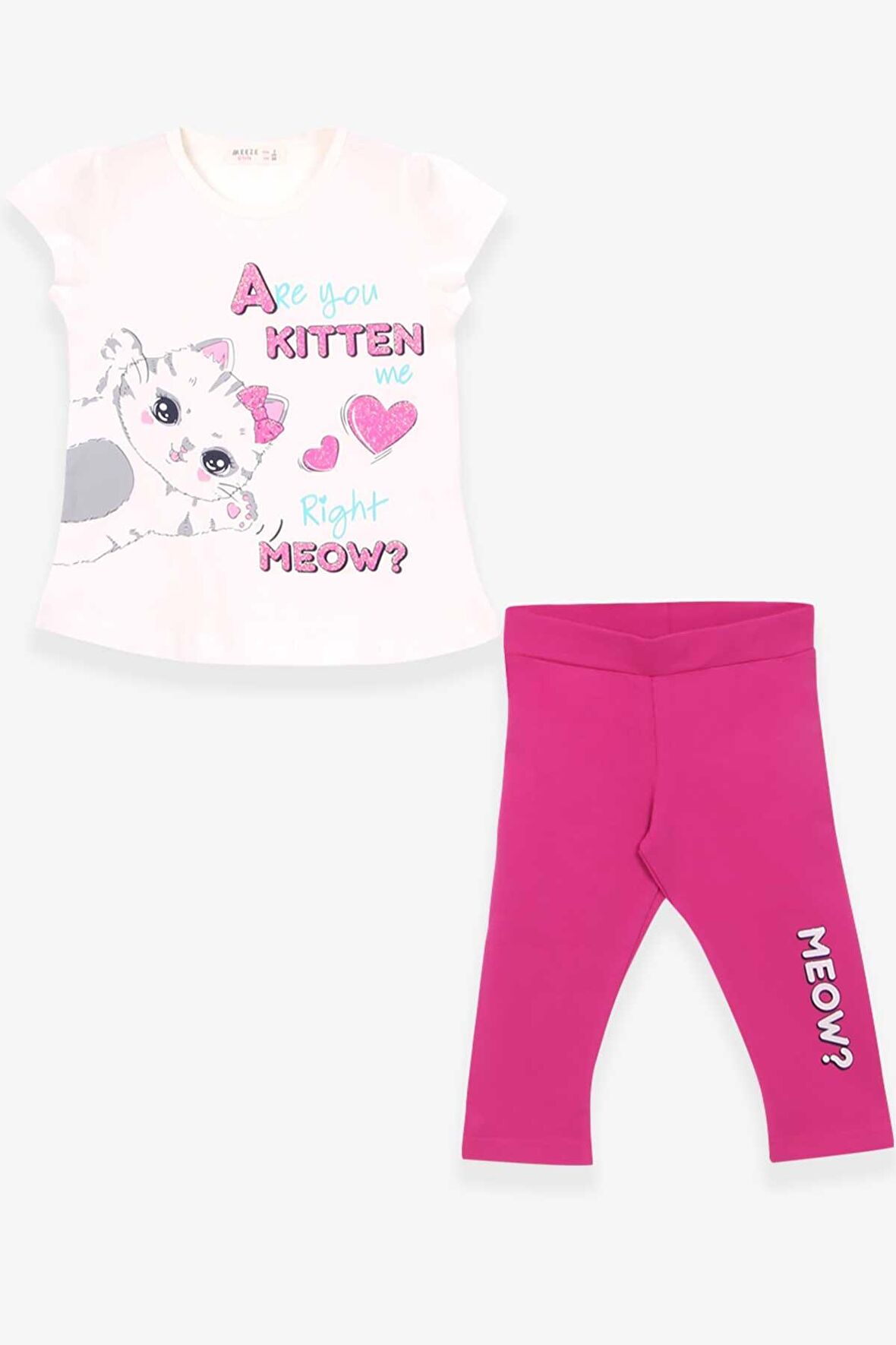 Breeze Kız Çocuk Taytlı Takım Baskılı Kedili 2-6 Yaş, Ekru