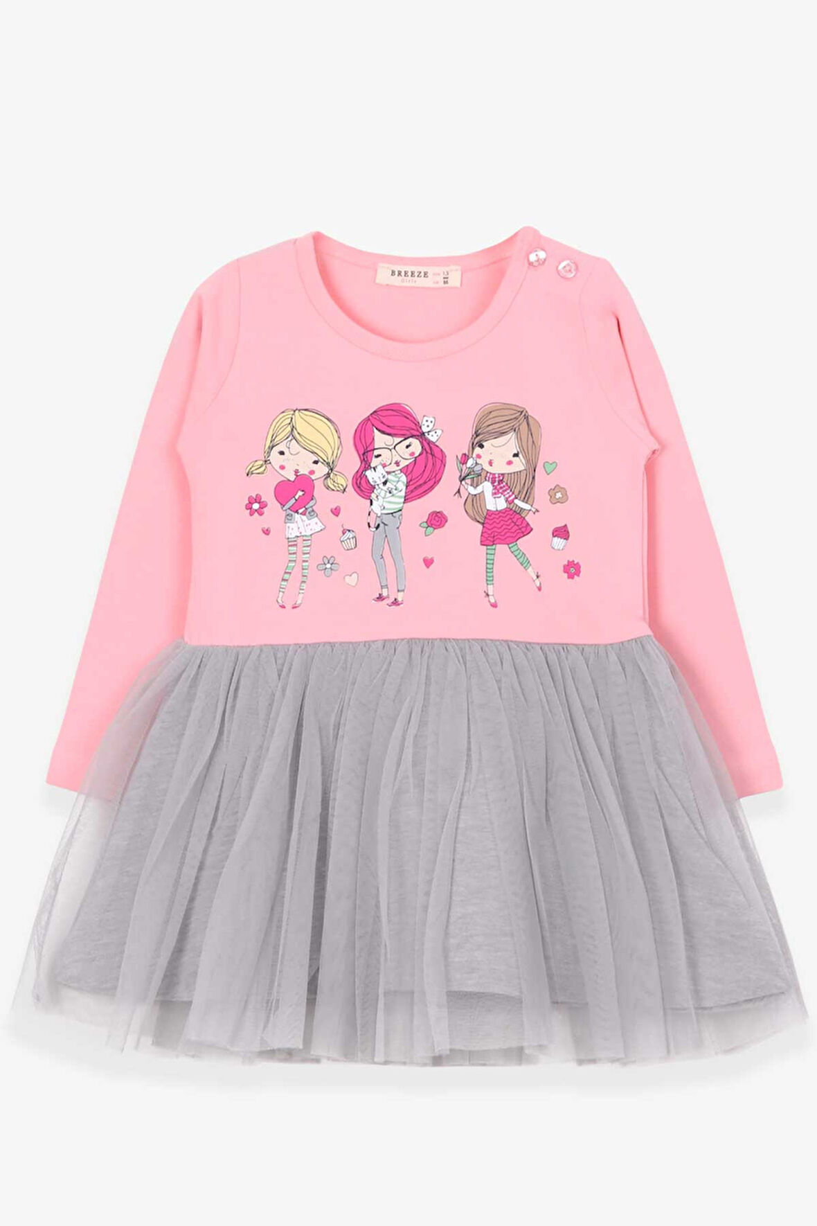 Breeze Kız Çocuk Uzun Kollu Elbise Baskılı 1.5-5 Yaş, Pudra