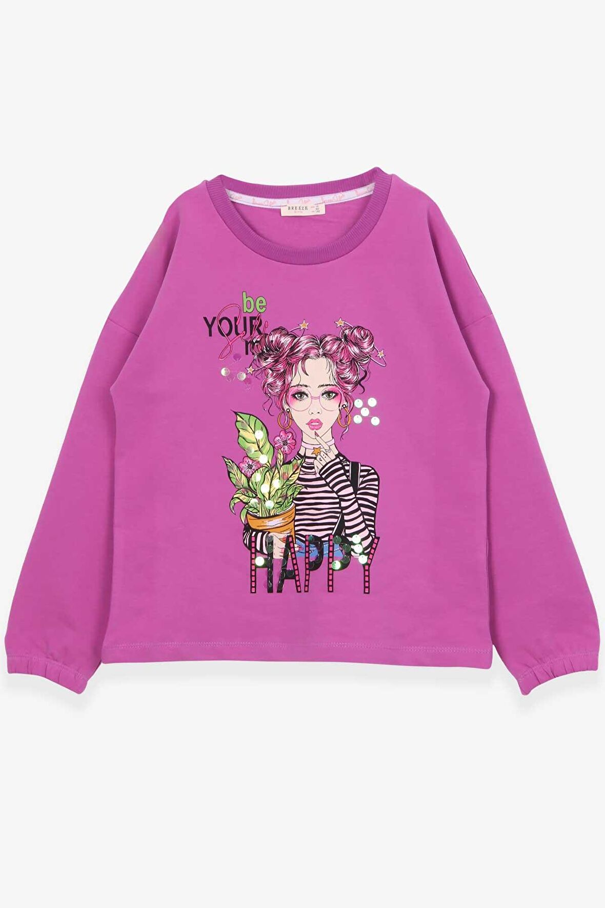 Breeze Kız Çocuk Uzun Kollu Tişört Portre Kız Baskılı 10-14 Yaş, Mor