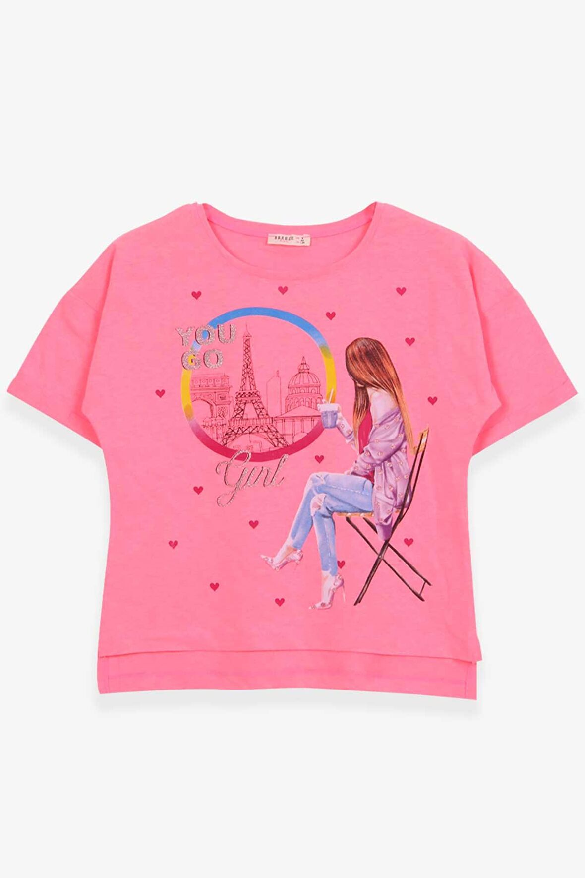 Breeze Kız Çocuk Tişört Kalpli Simli Kız Baskılı 9-16 Yaş, Neon Pembe