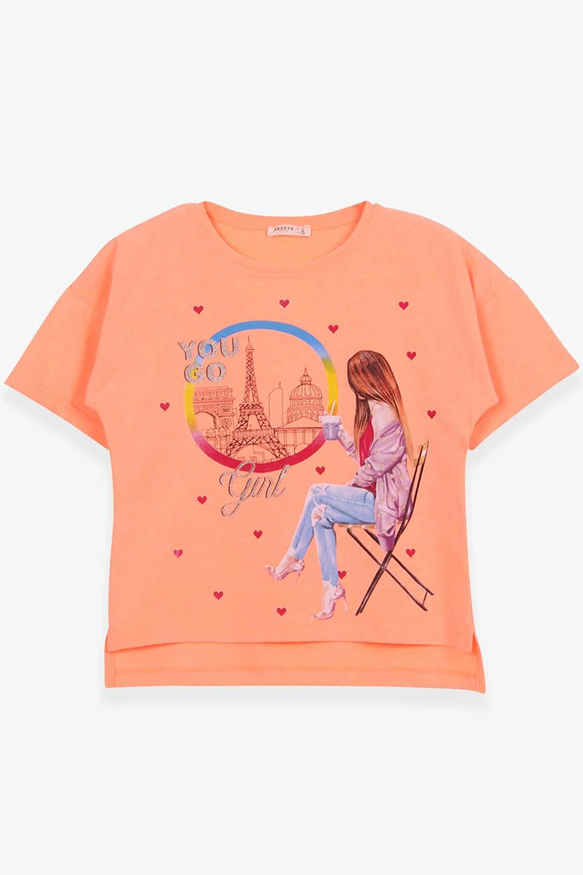 Breeze Kız Çocuk Tişört Kalpli Simli Kız Baskılı 9-16 Yaş, Neon Turuncu