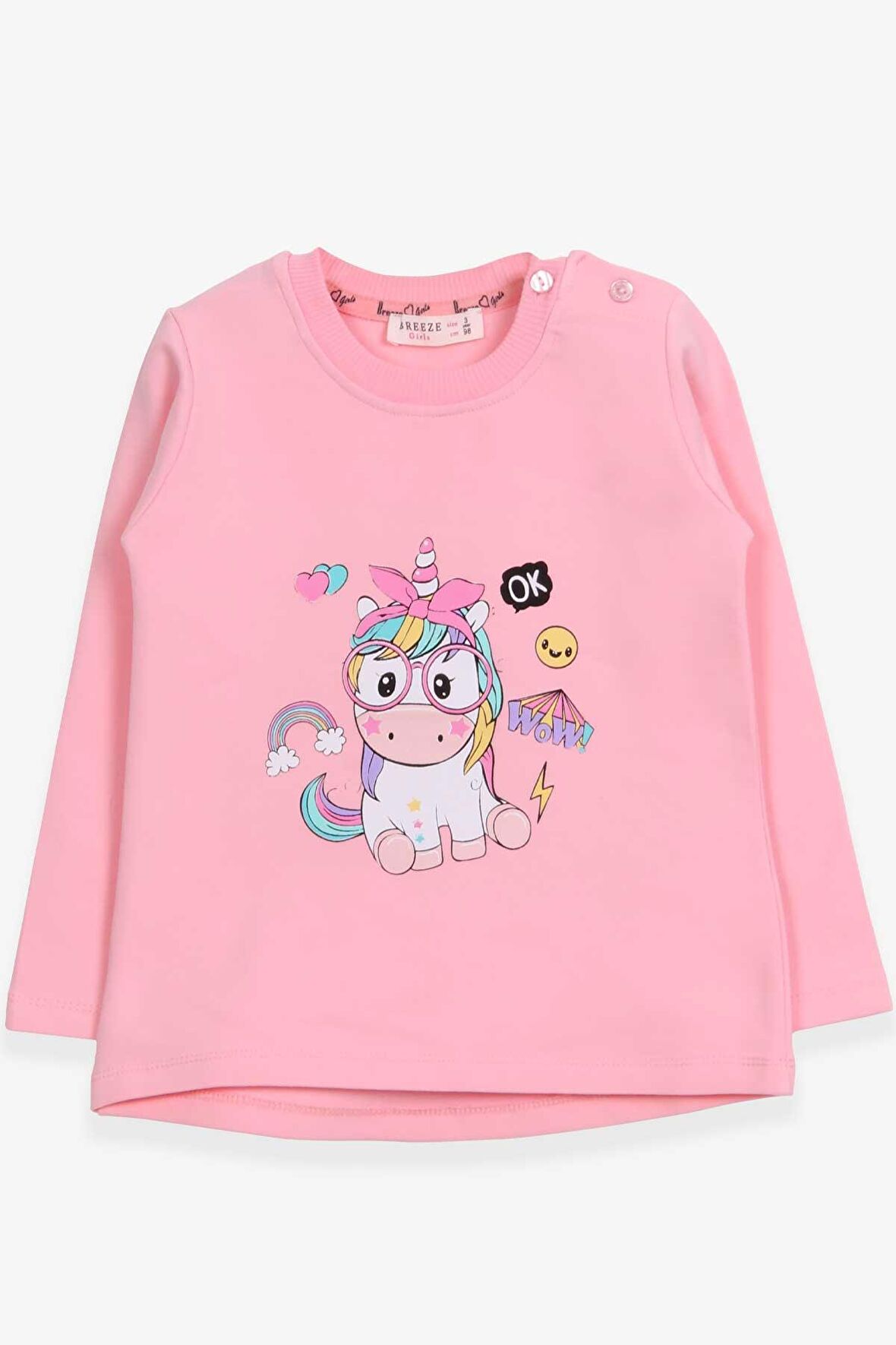 Breeze Kız Çocuk Sweatshirt Gözlüklü Unicorn Baskılı 1-4 Yaş, Pudra