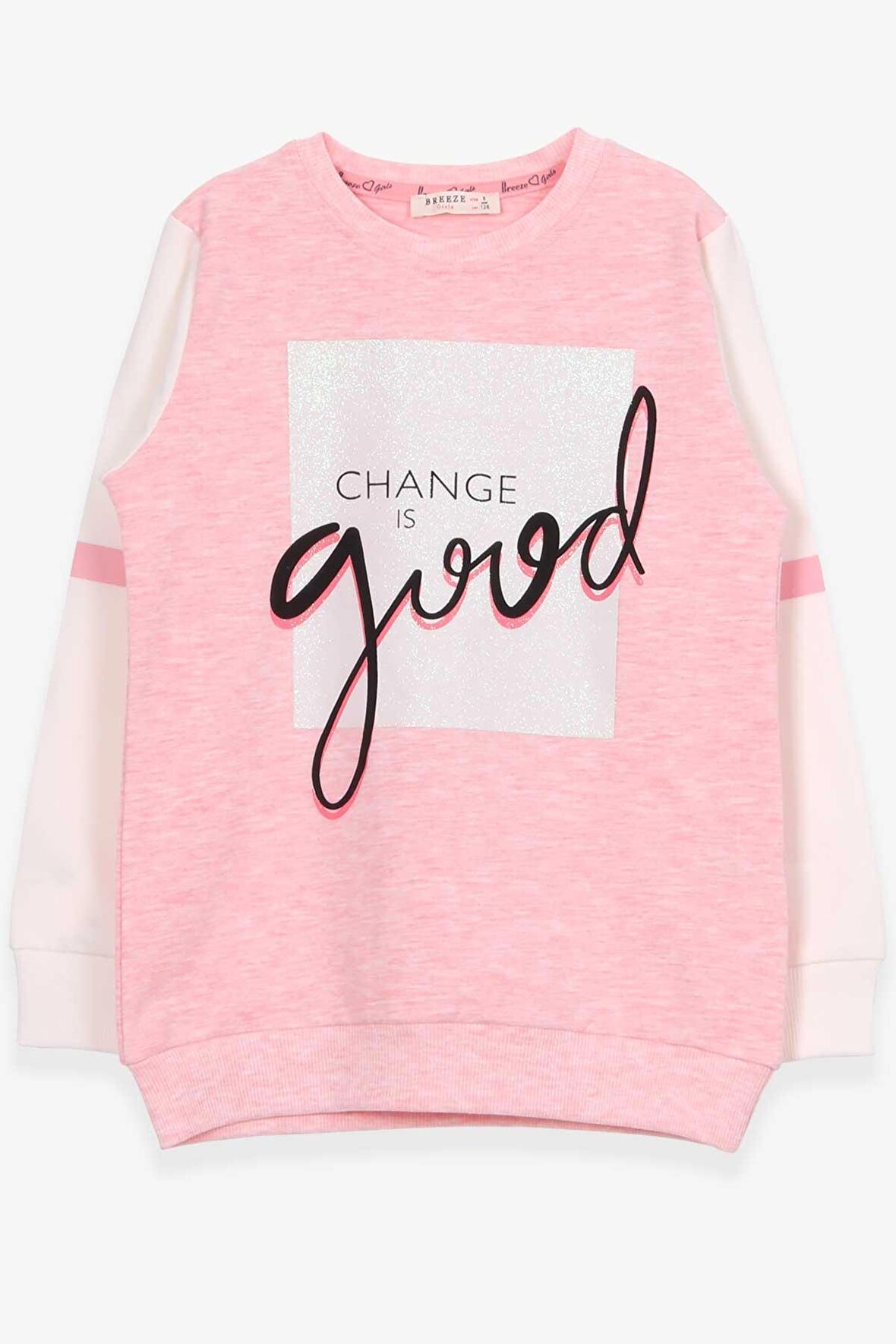 Breeze Kız Çocuk Sweatshirt Simli Yazı Baskılı 8-14 Yaş, Somon Melanj