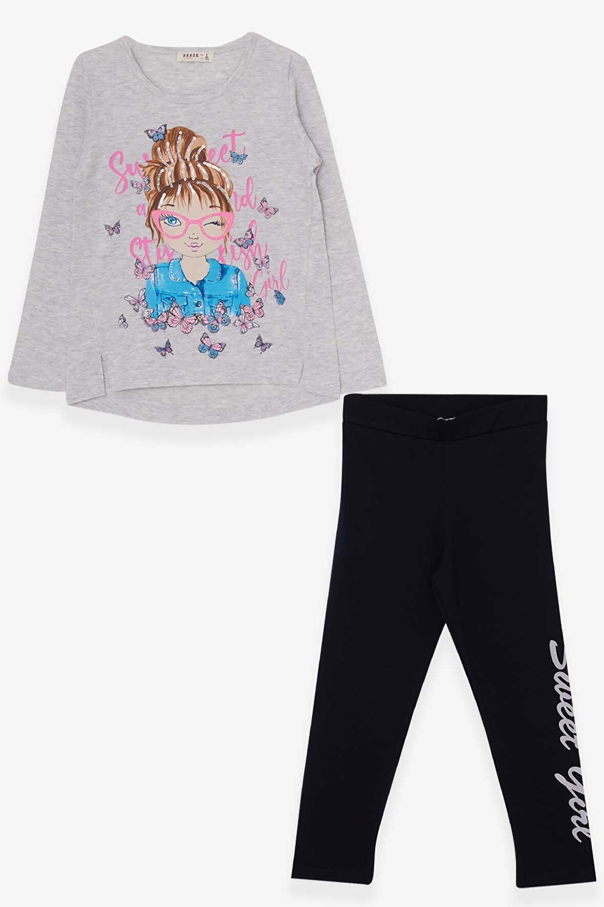 Breeze Kız Çocuk Tatylı Takım Kelebekli Kız Baskılı 5-10 Yaş, Açık Gri Melanj