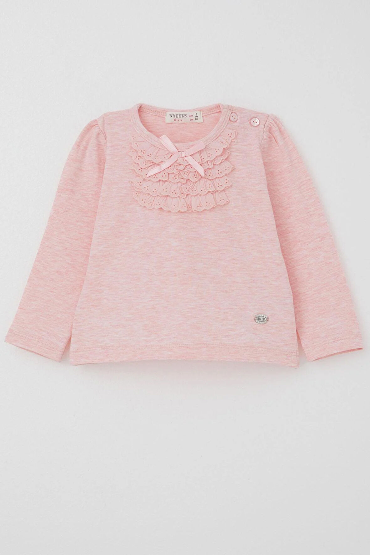 Breeze Kız Bebek Uzun Kollu Tişört Güpürlü Fiyonklu 6 Ay-2 Yaş, Somon Melanj