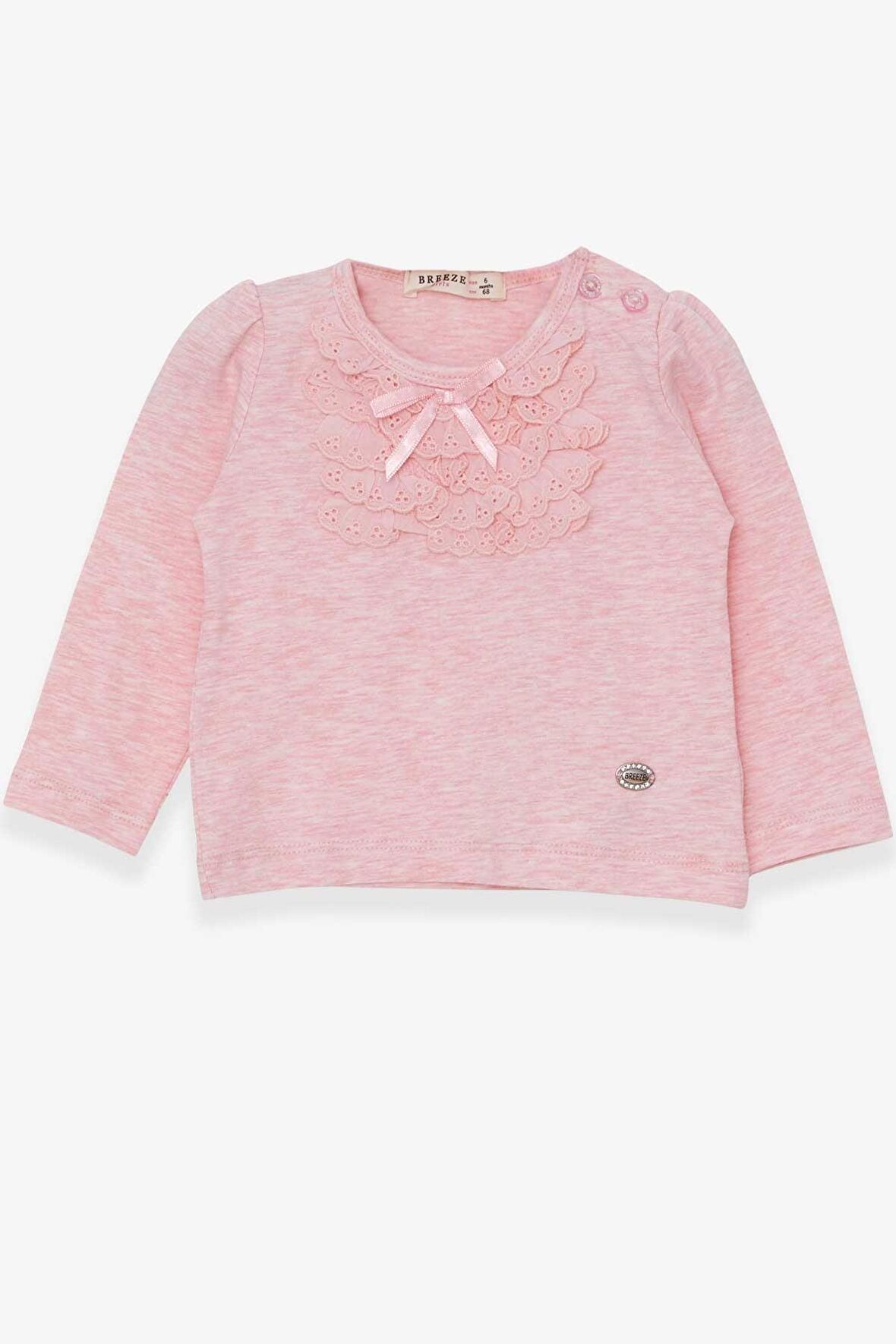 Breeze Kız Bebek Uzun Kollu Tişört Güpürlü Fiyonklu 6 Ay-2 Yaş, Somon Melanj
