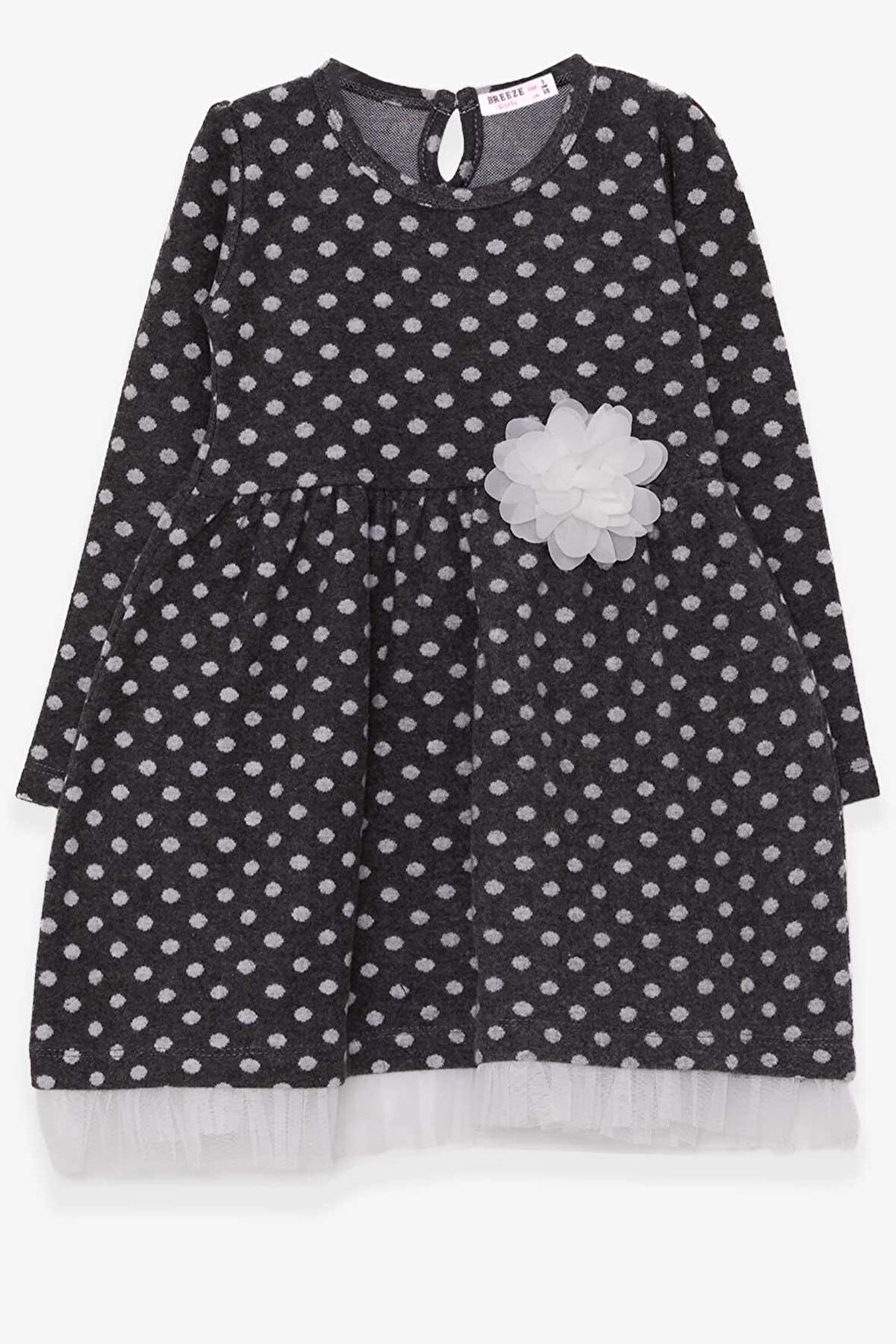 Breeze Kız Çocuk Uzun Kollu Elbise Puantiyeli Beyaz Çiçekli 3-7 Yaş, Antrasit