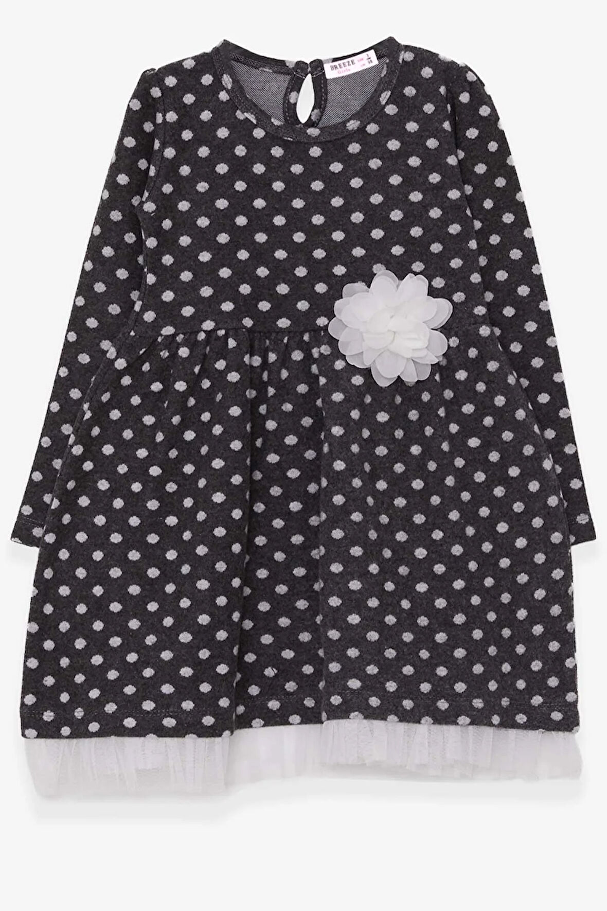 Breeze Kız Çocuk Uzun Kollu Elbise Puantiyeli Beyaz Çiçekli 3-7 Yaş, Antrasit