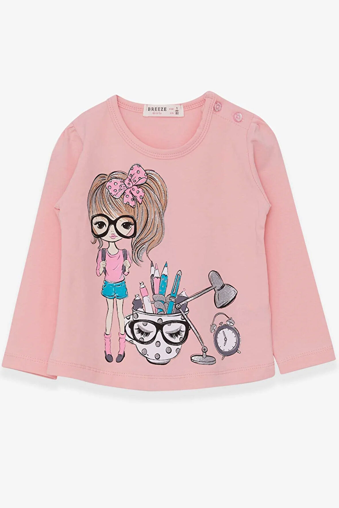 Breeze Kız Çocuk Uzun Kollu Tişört Ressam Kız Baskılı 1-4 Yaş, Pudra