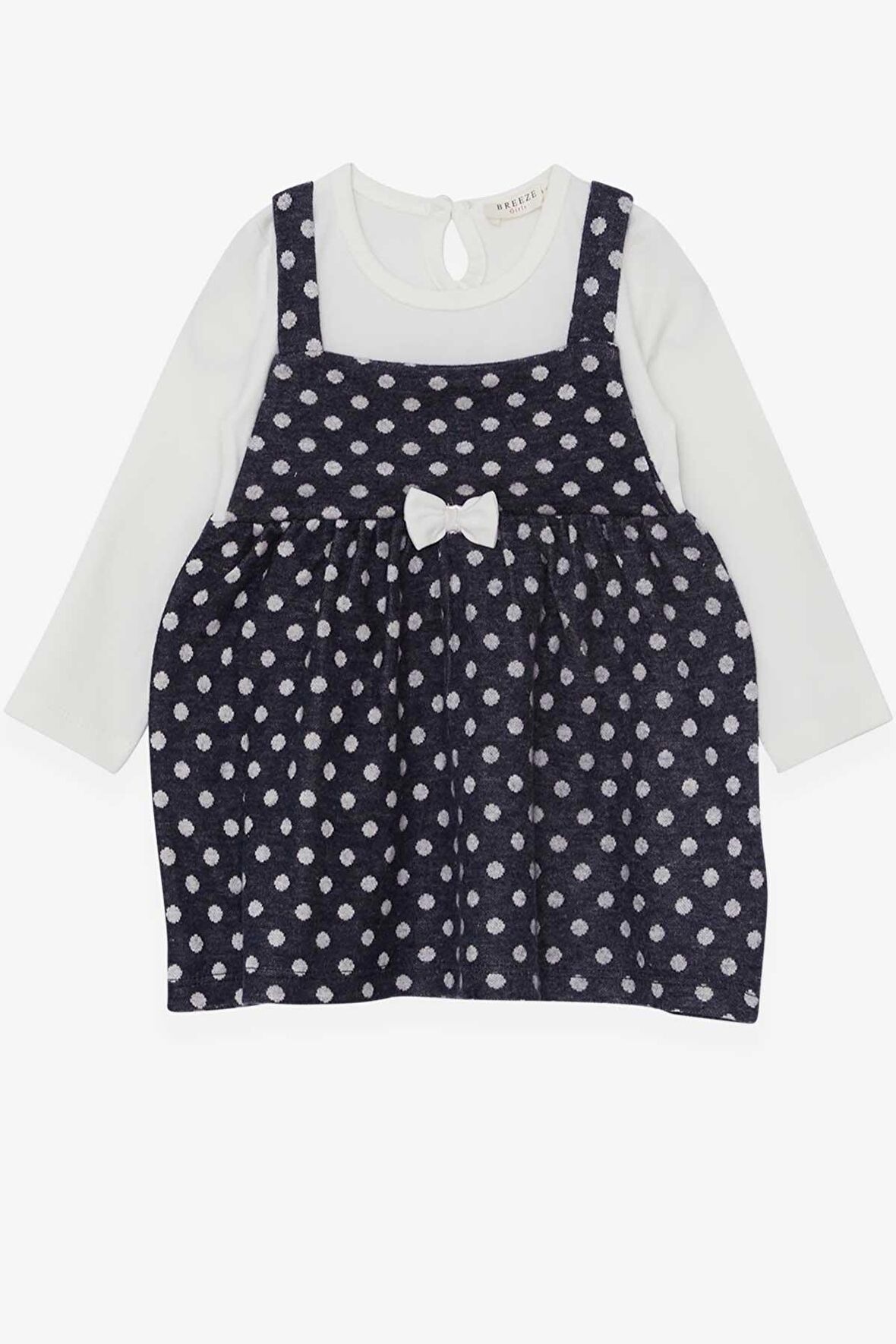 Breeze Kız Çocuk Uzun Kollu Elbise Fiyonklu Puantiye Desenli 1.5-5 Yaş, Koyu Mavi