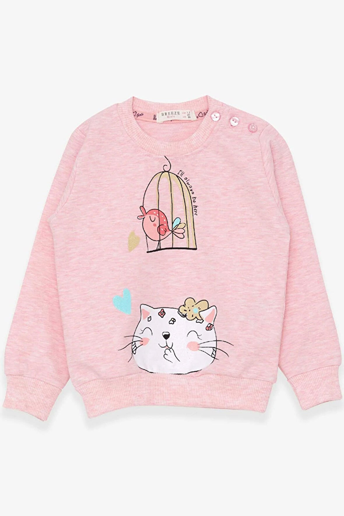 Breeze Kız Çocuk Sweatshirt Simli Kedicik Baskılı 1.5-5 Yaş, Somon Melanj