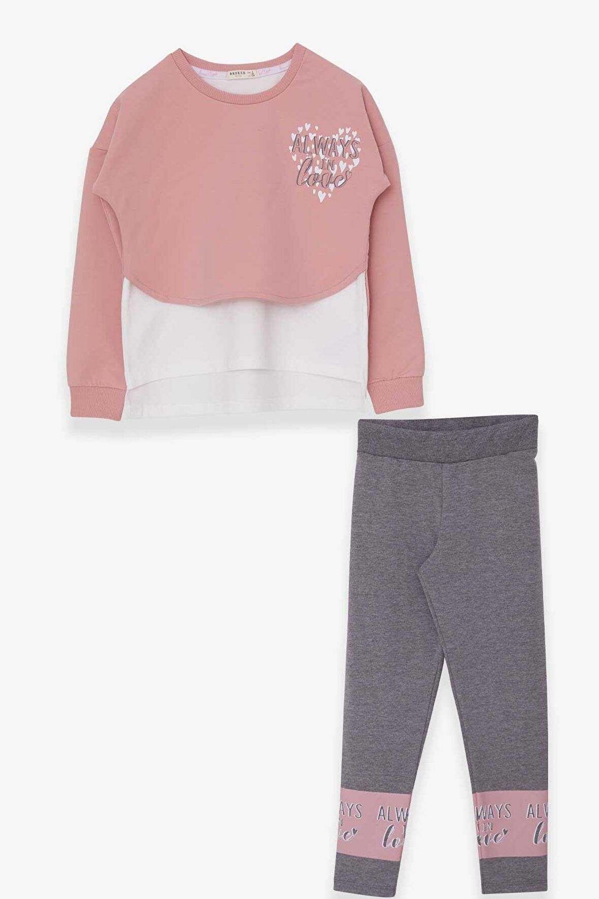 Breeze Kız Çocuk Taytlı Takım Kalp Baskılı 8-12 Yaş, Pudra