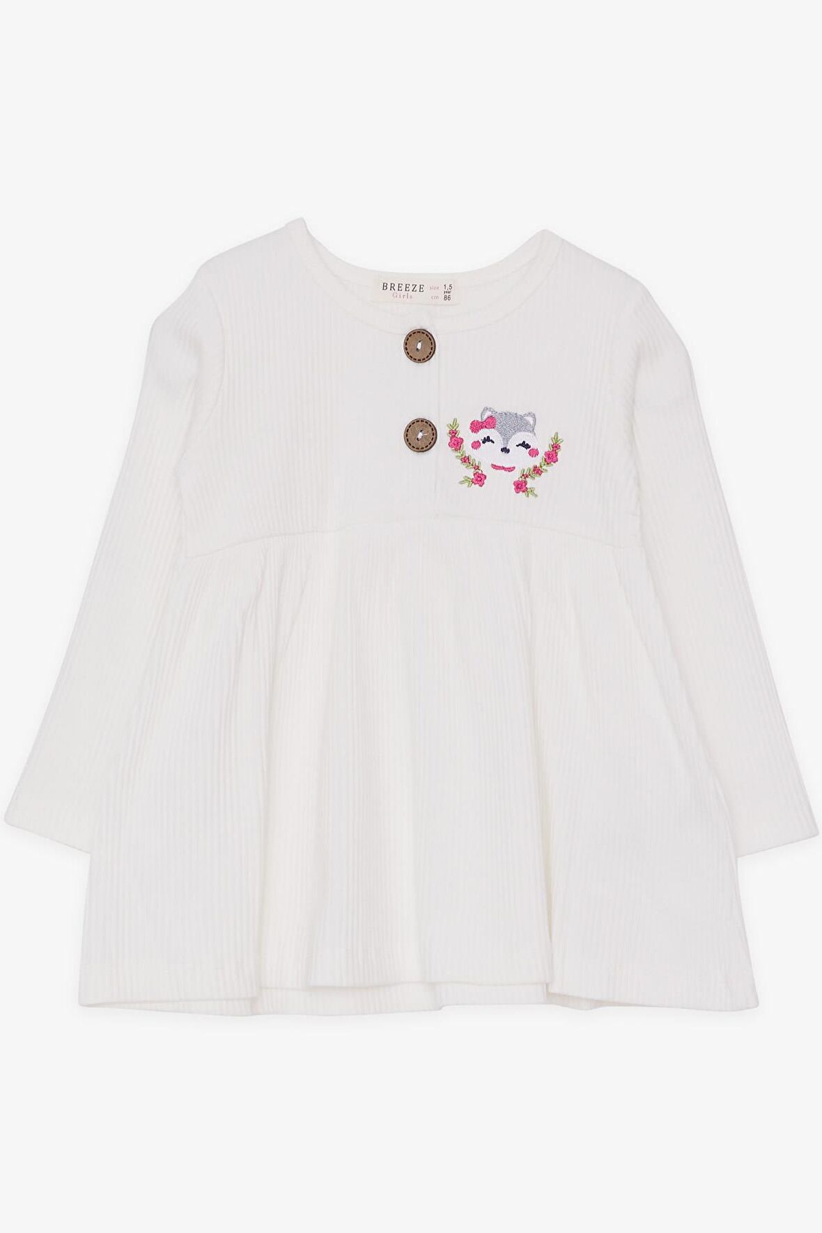 Breeze Kız Çocuk Uzun Kollu Elbise Tilkicik Nakışlı 1.5-5 Yaş, Ekru