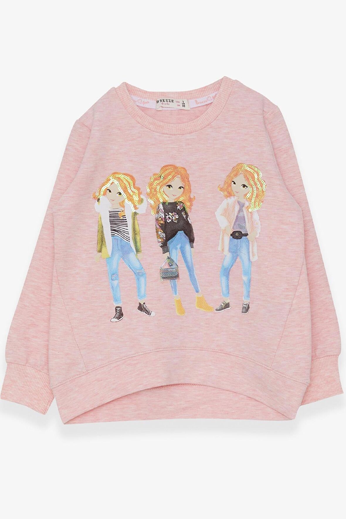 Breeze Kız Çocuk Sweatshirt Pullu Kız Baskılı 3-8 Yaş, Somon Melanj
