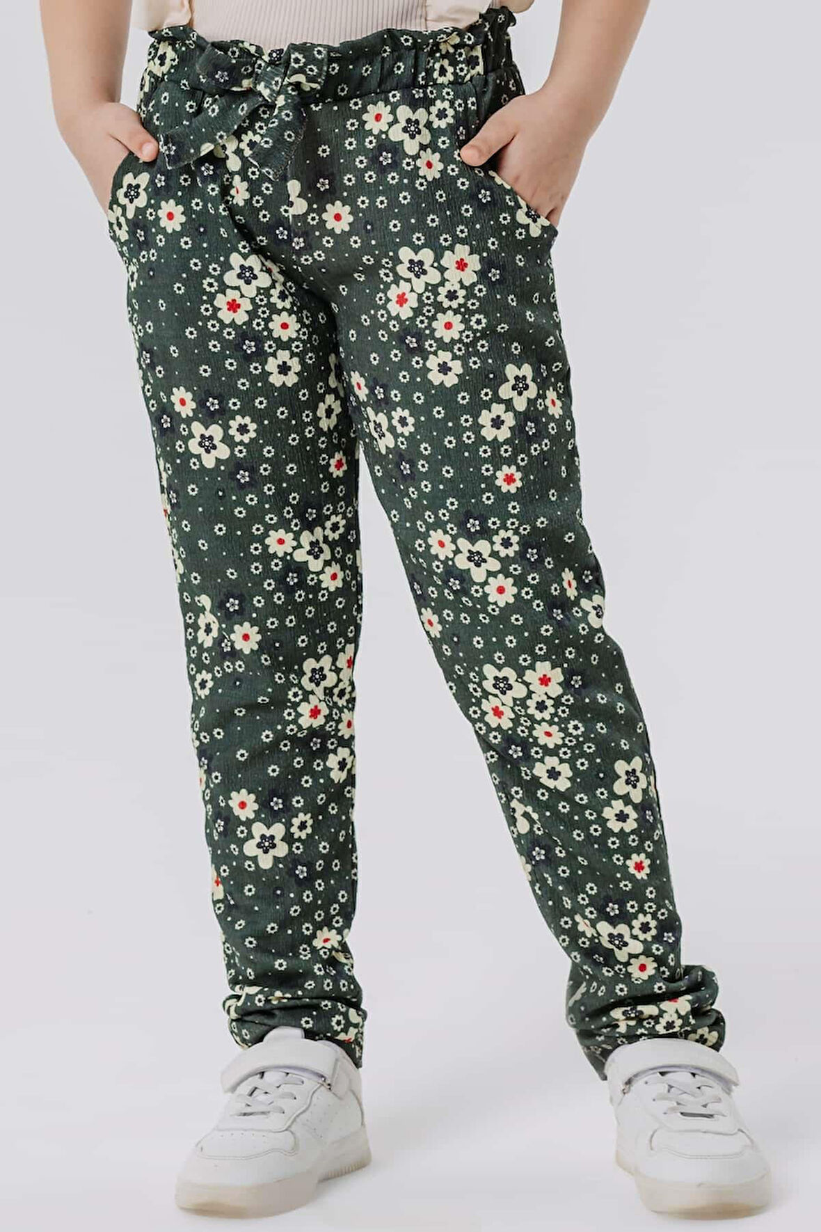 Breeze Kız Çocuk Tayt Pantolon Fiyonklu Çiçekli 1.5-5 Yaş, Haki Yeşil