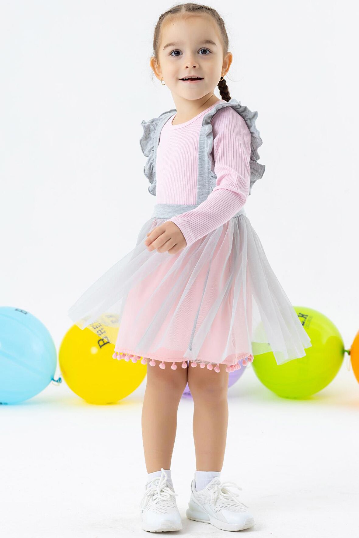 Breeze Kız Çocuk Uzun Kollu Elbise Ponponlu Tüllü 1.5-5 Yaş, Pudra