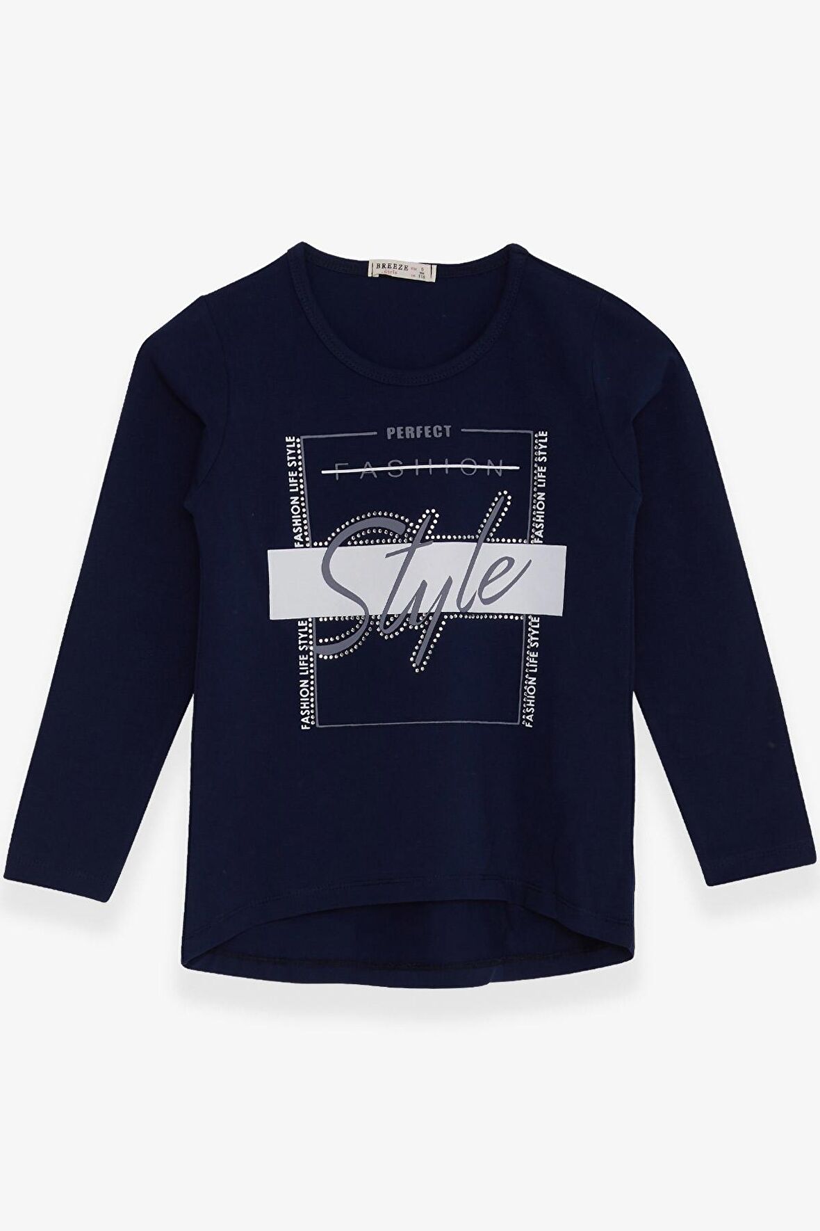 Breeze Kız Çocuk Uzun Kollu Tişört Taşlı Yazı Baskılı 6-12 Yaş, Lacivert