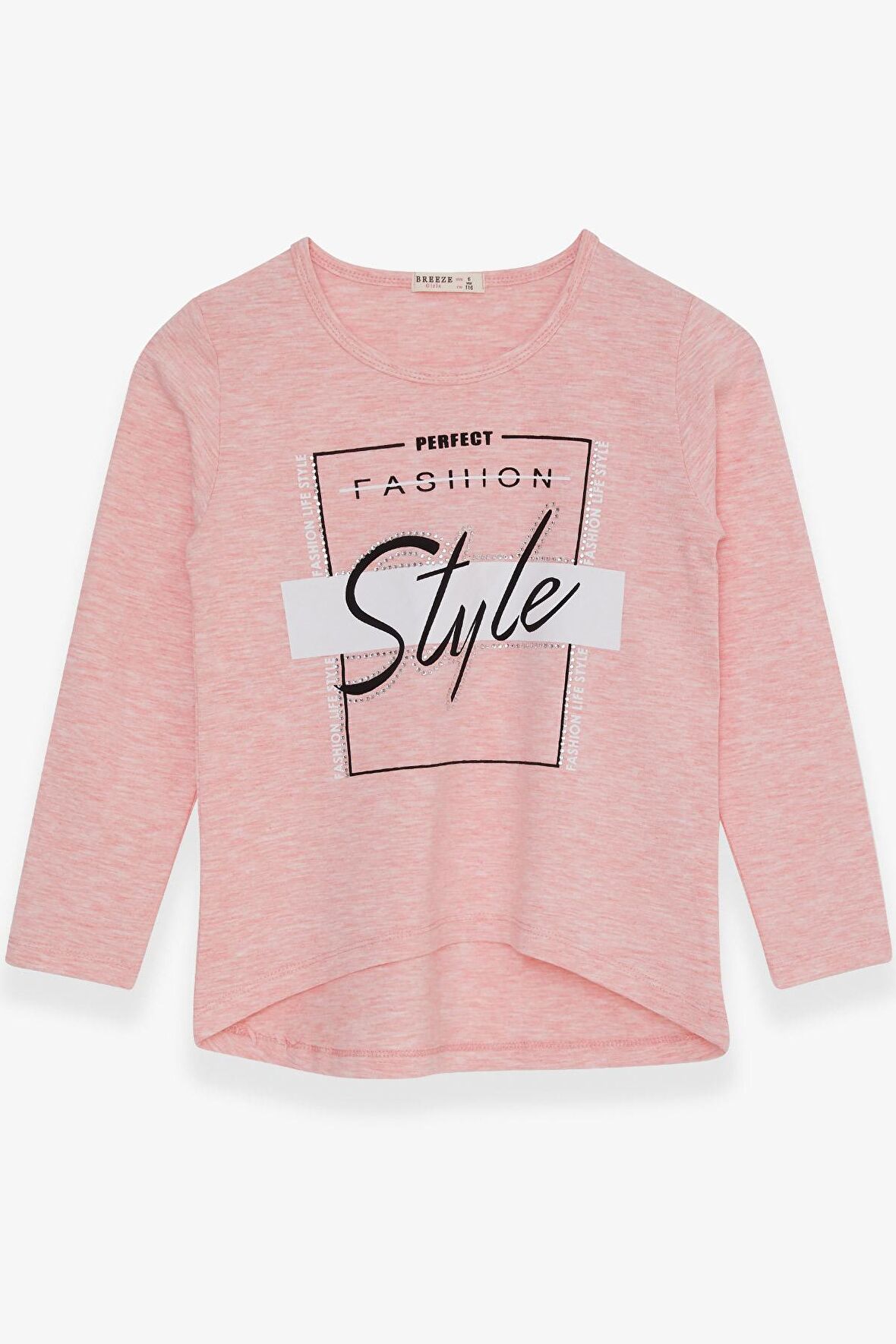 Breeze Kız Çocuk Uzun Kollu Tişört Taşlı Yazı Baskılı 6-12 Yaş, Somon Melanj