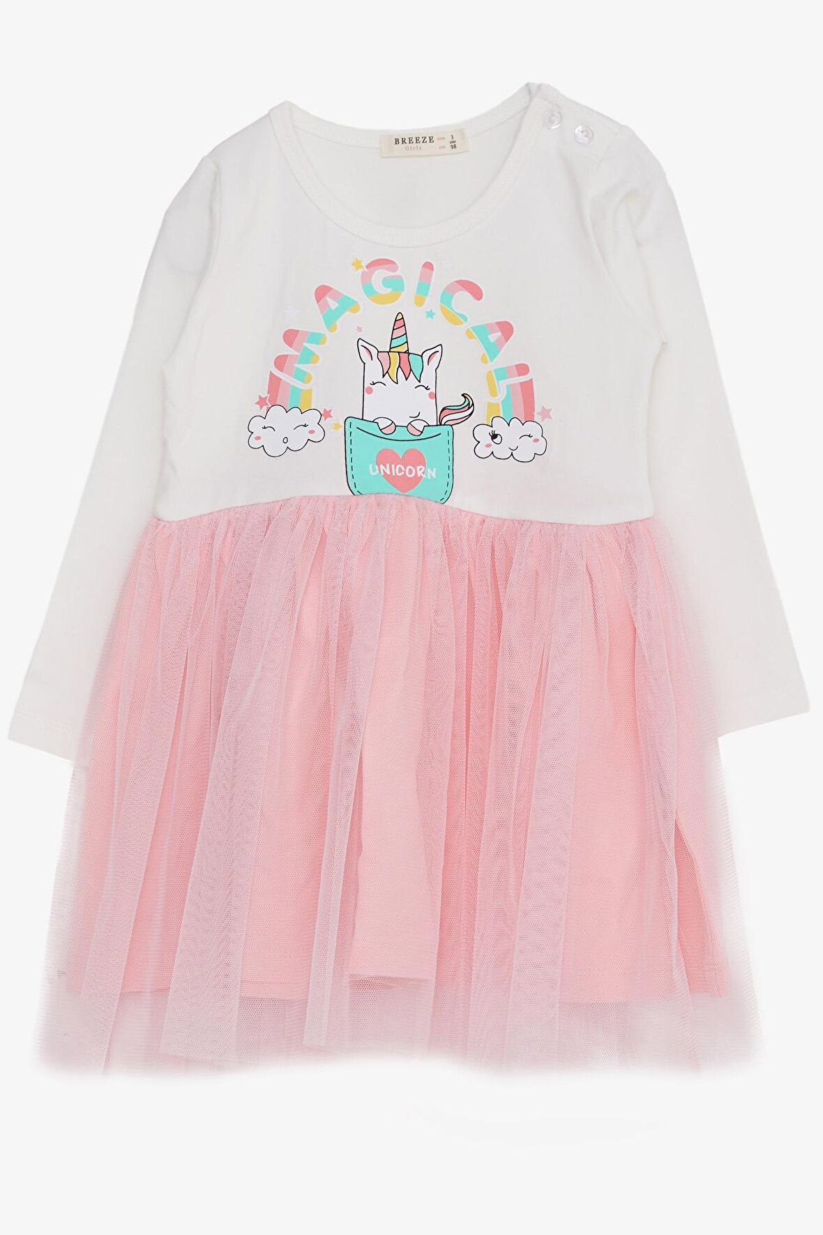 Breeze Kız Çocuk Uzun Kollu Elbise Unicorn Baskılı 1.5-5 Yaş, Ekru