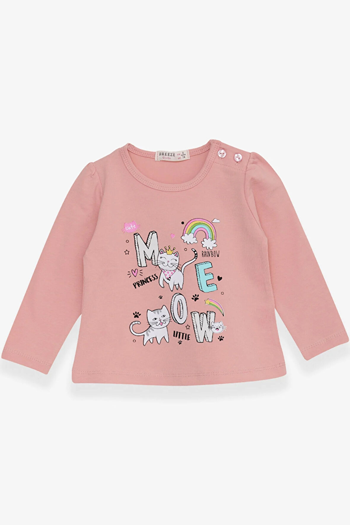 Breeze Kız Bebek Uzun Kollu Tişört Kedicik Baskılı 9 Ay-3 Yaş, Somon