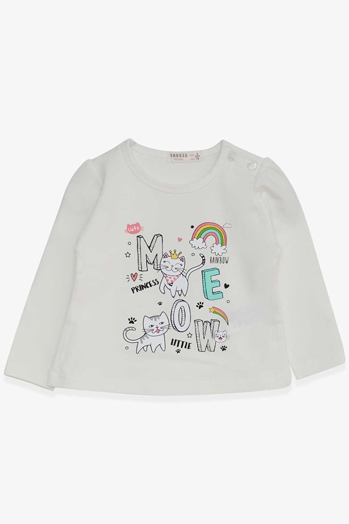 Breeze Kız Bebek Uzun Kollu Tişört Kedicik Baskılı 9 Ay-3 Yaş, Ekru