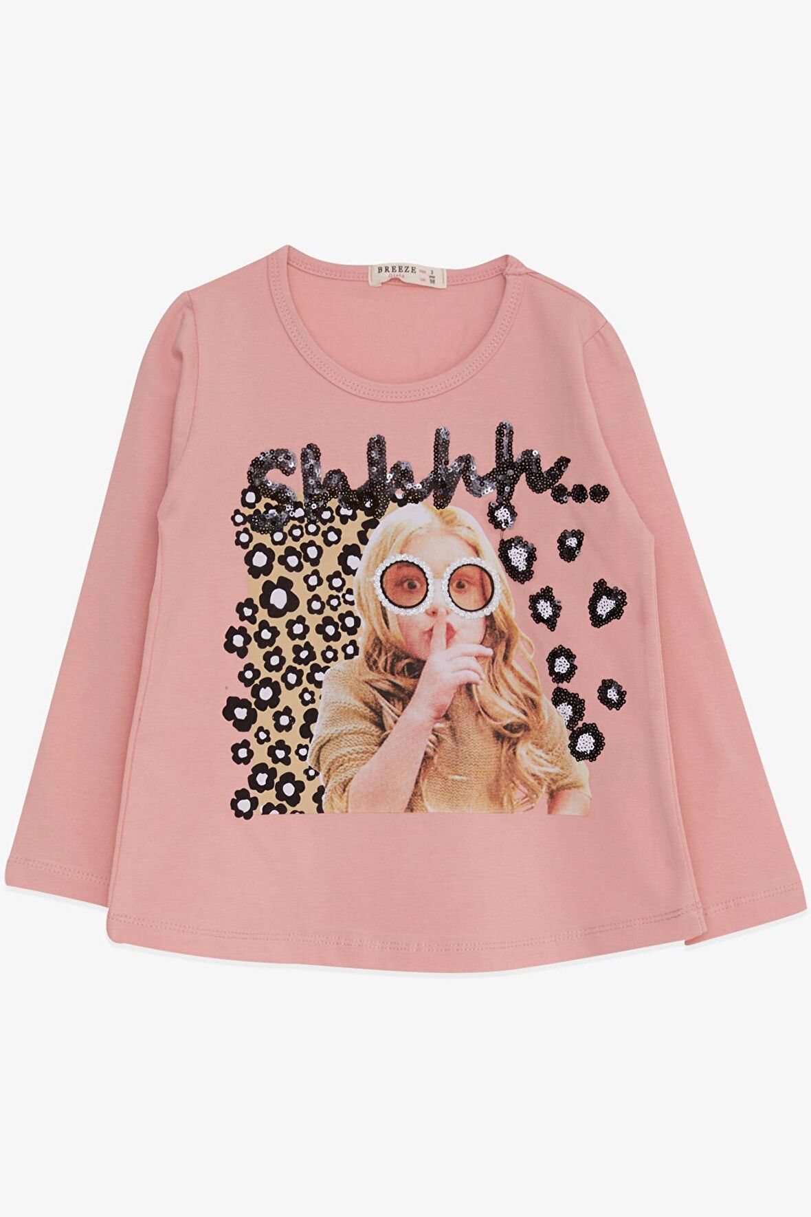 Breeze Kız Çocuk Uzun Kollu Tişört Pullu Kız Baskılı 3-8 Yaş, Somon