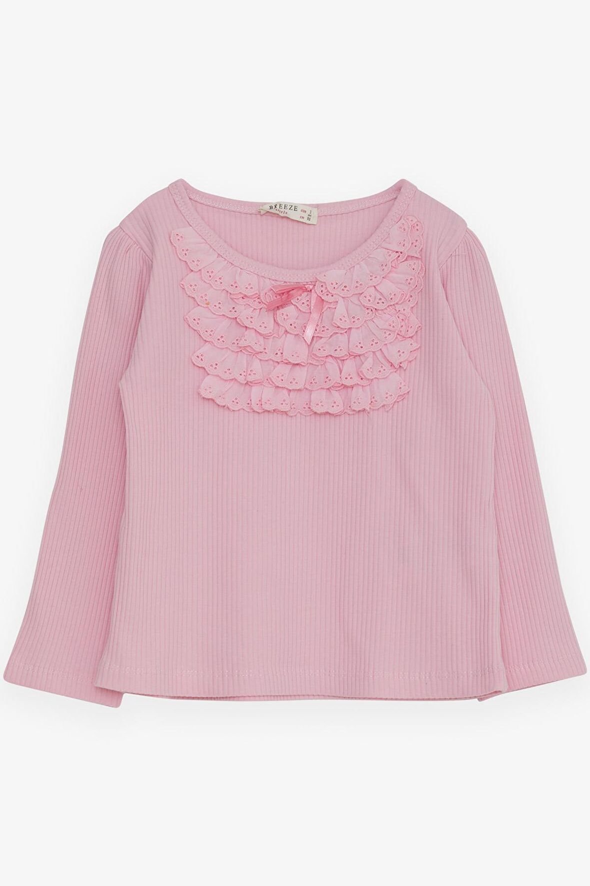 Breeze Kız Çocuk Uzun Kollu Bluz Güpürlü Fiyonklu 3-8 Yaş, Pembe