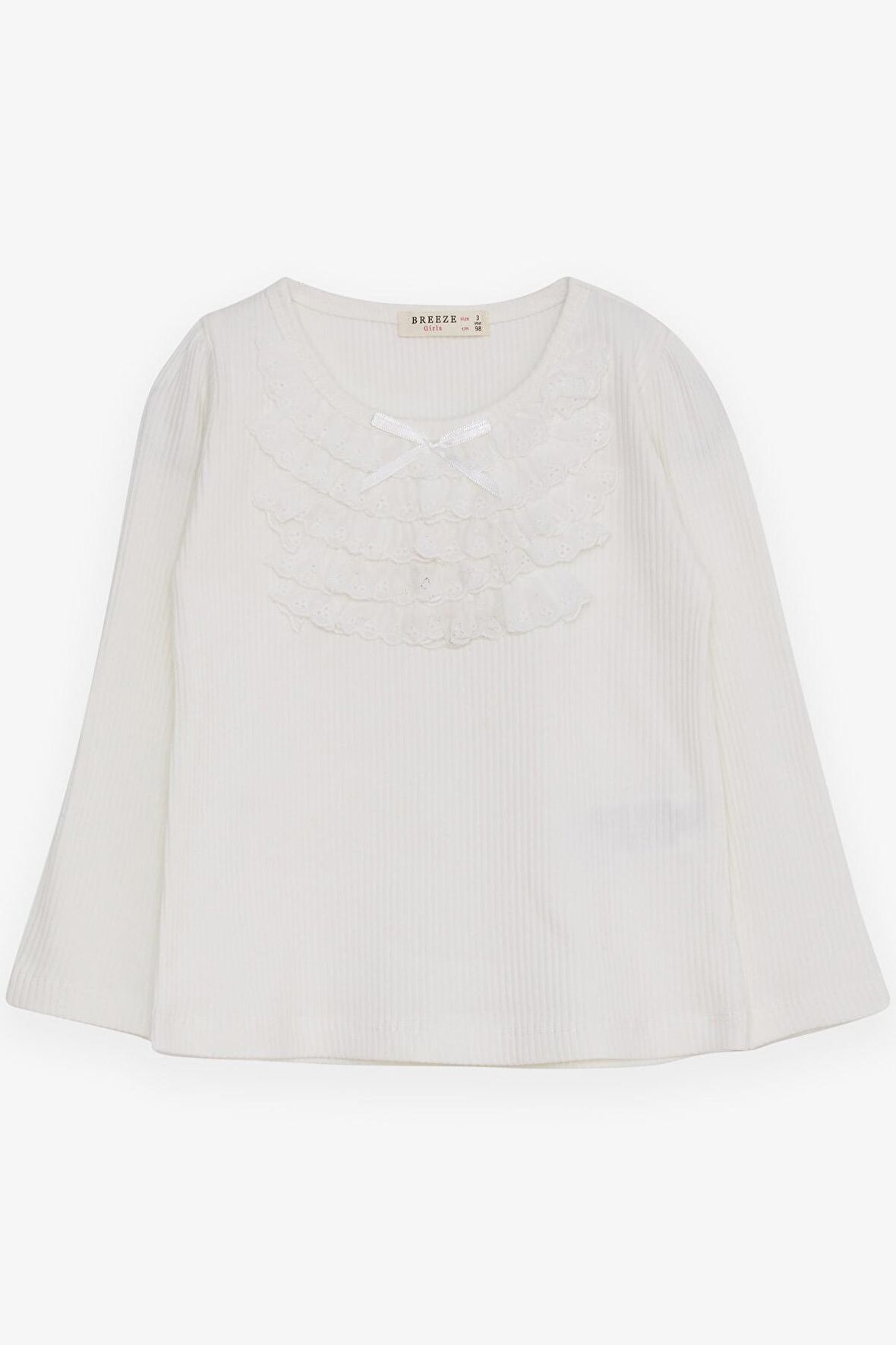 Breeze Kız Çocuk Uzun Kollu Bluz Güpürlü Fiyonklu 3-8 Yaş, Ekru