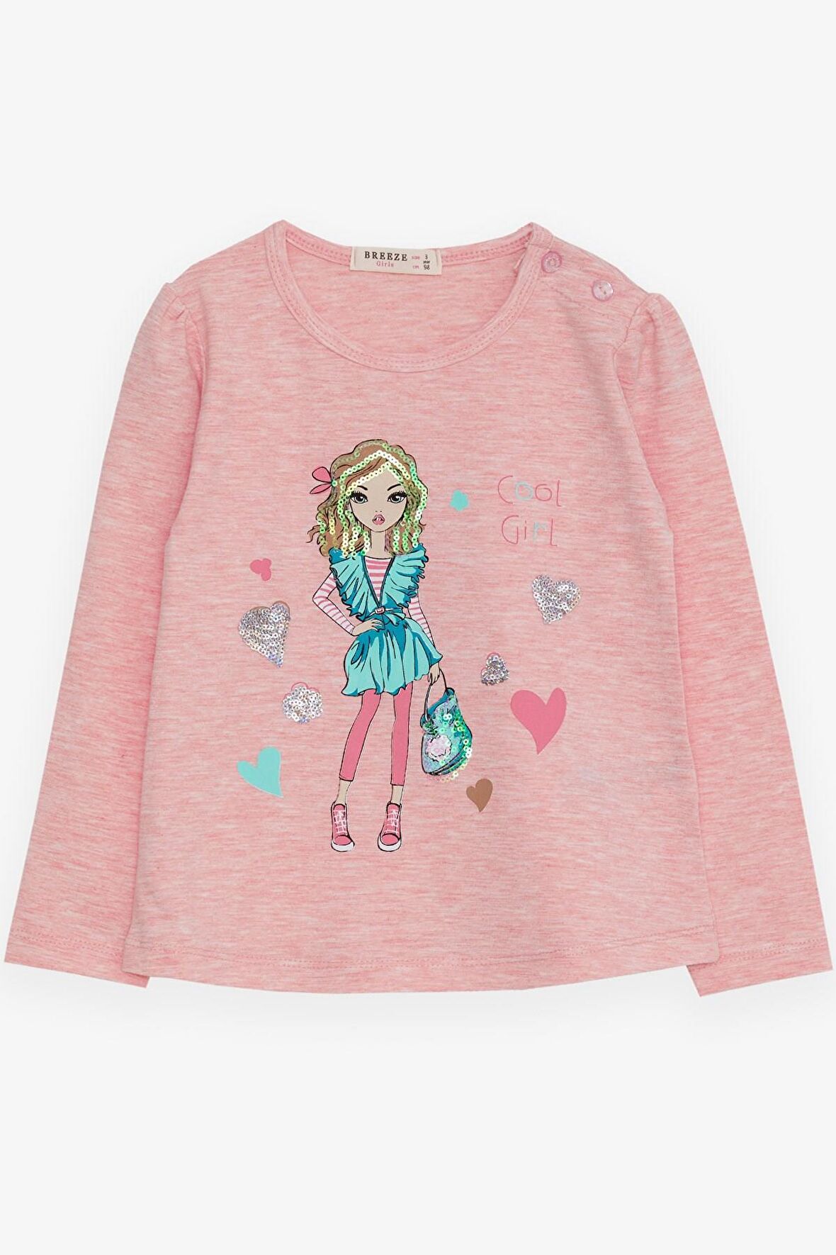 Breeze Kız Çocuk Uzun Kollu Tişört Havalı Kız Baskılı 1.5-5 Yaş, Somon Melanj