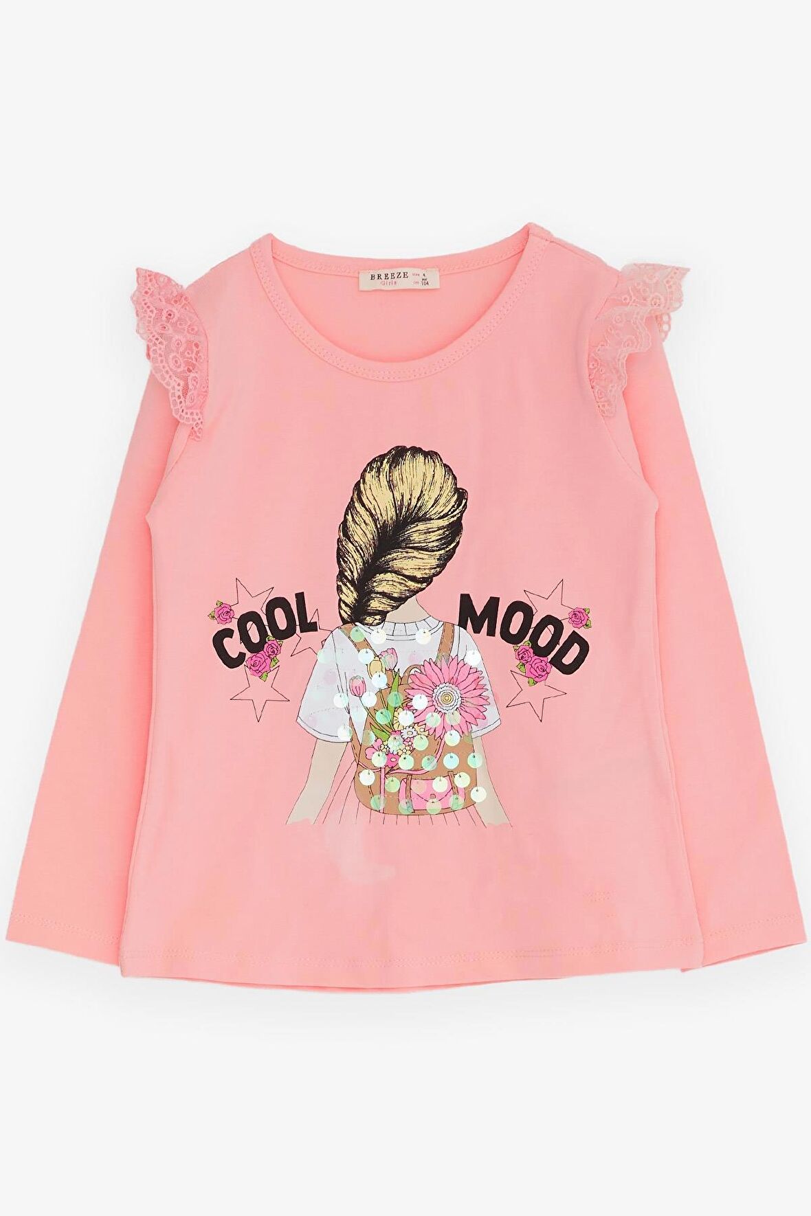 Breeze Kız Çocuk Uzun Kollu Tişört Omuzu Güpürlü 4-9 Yaş, Pembe