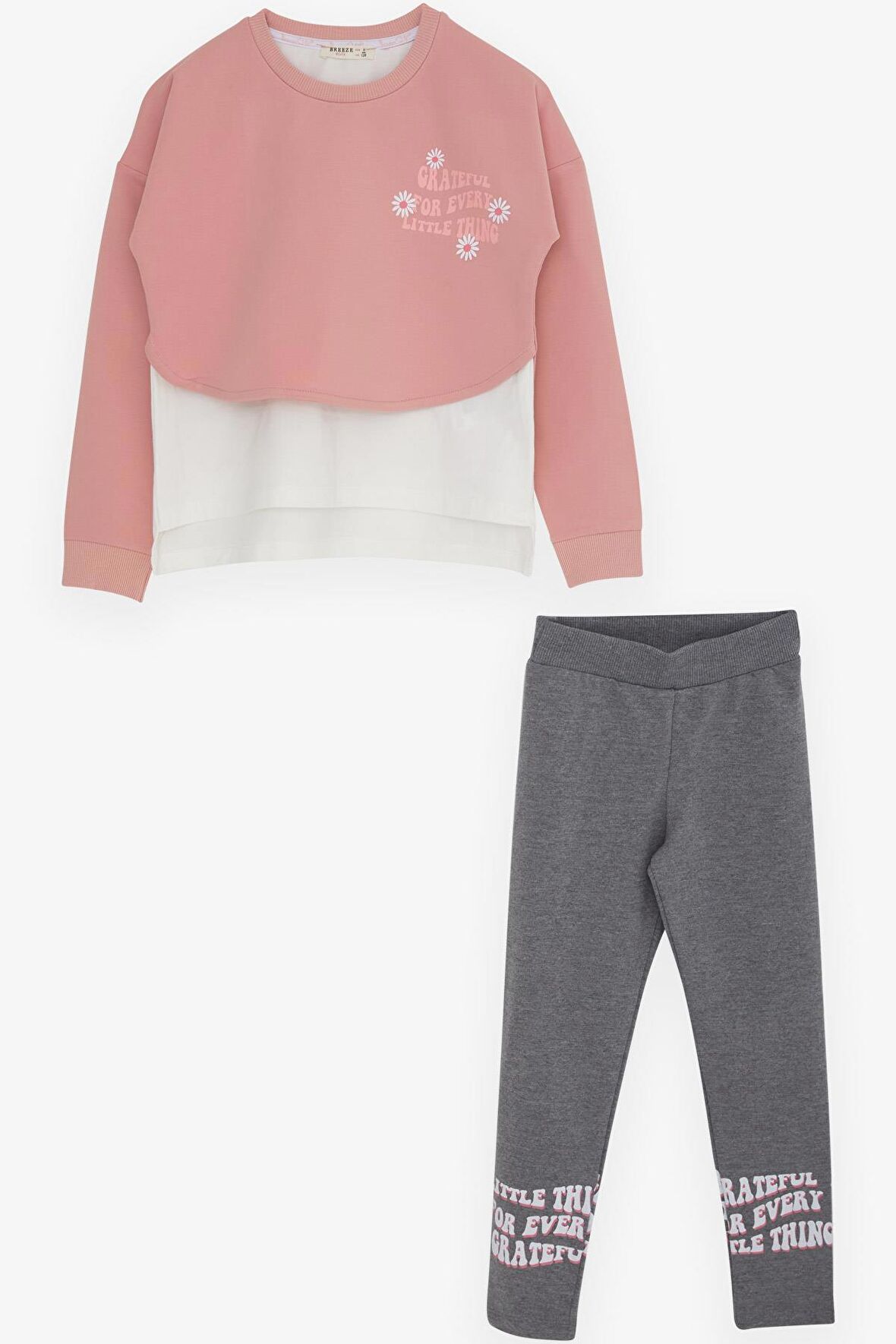 Breeze Kız Çocuk Taytlı Takım Yazı Çiçek Baskılı 8-12 Yaş, Gülkurusu