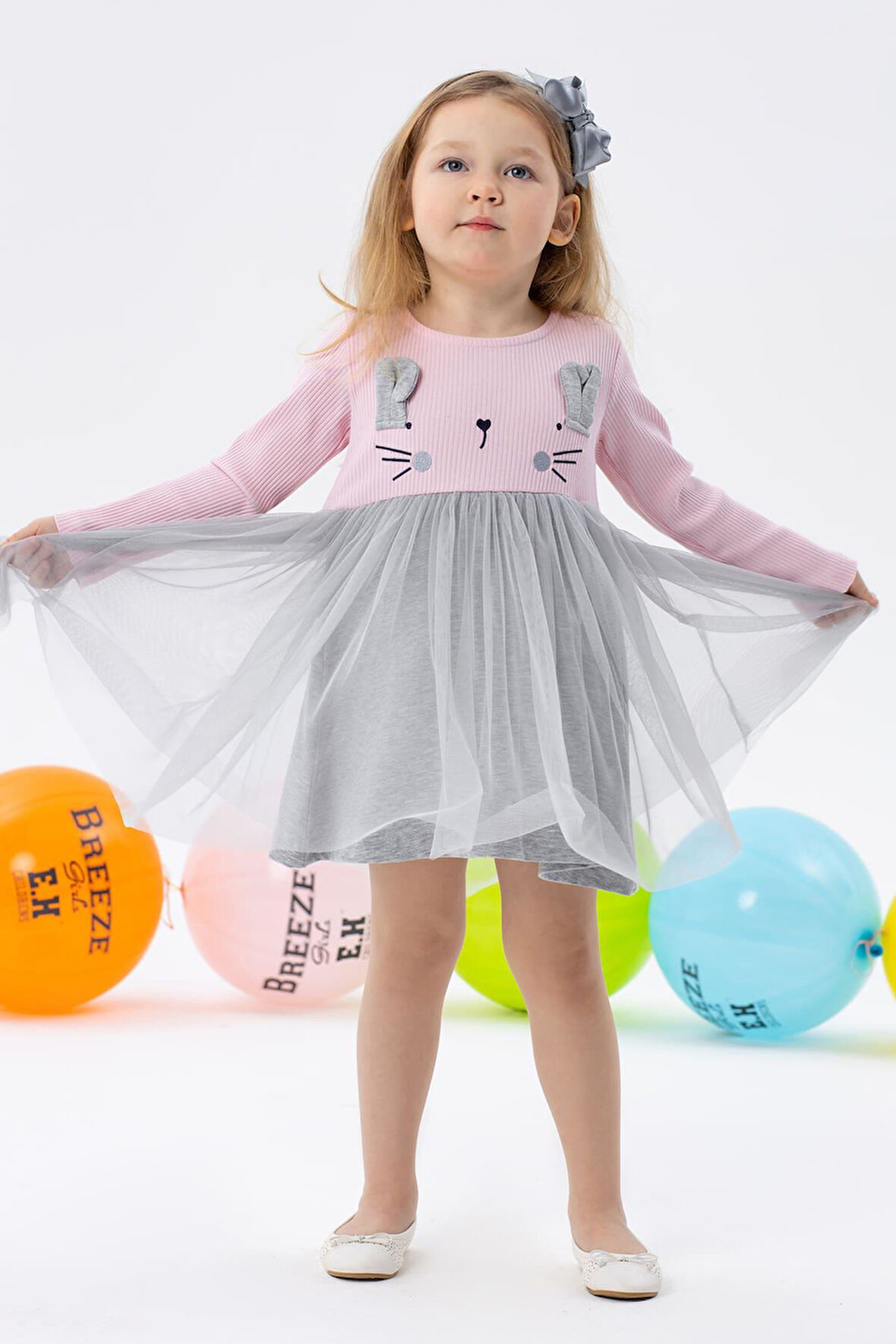 Breeze Kız Çocuk Uzun Kollu Elbise Kedicik Nakışlı 1.5-5 Yaş, Pembe