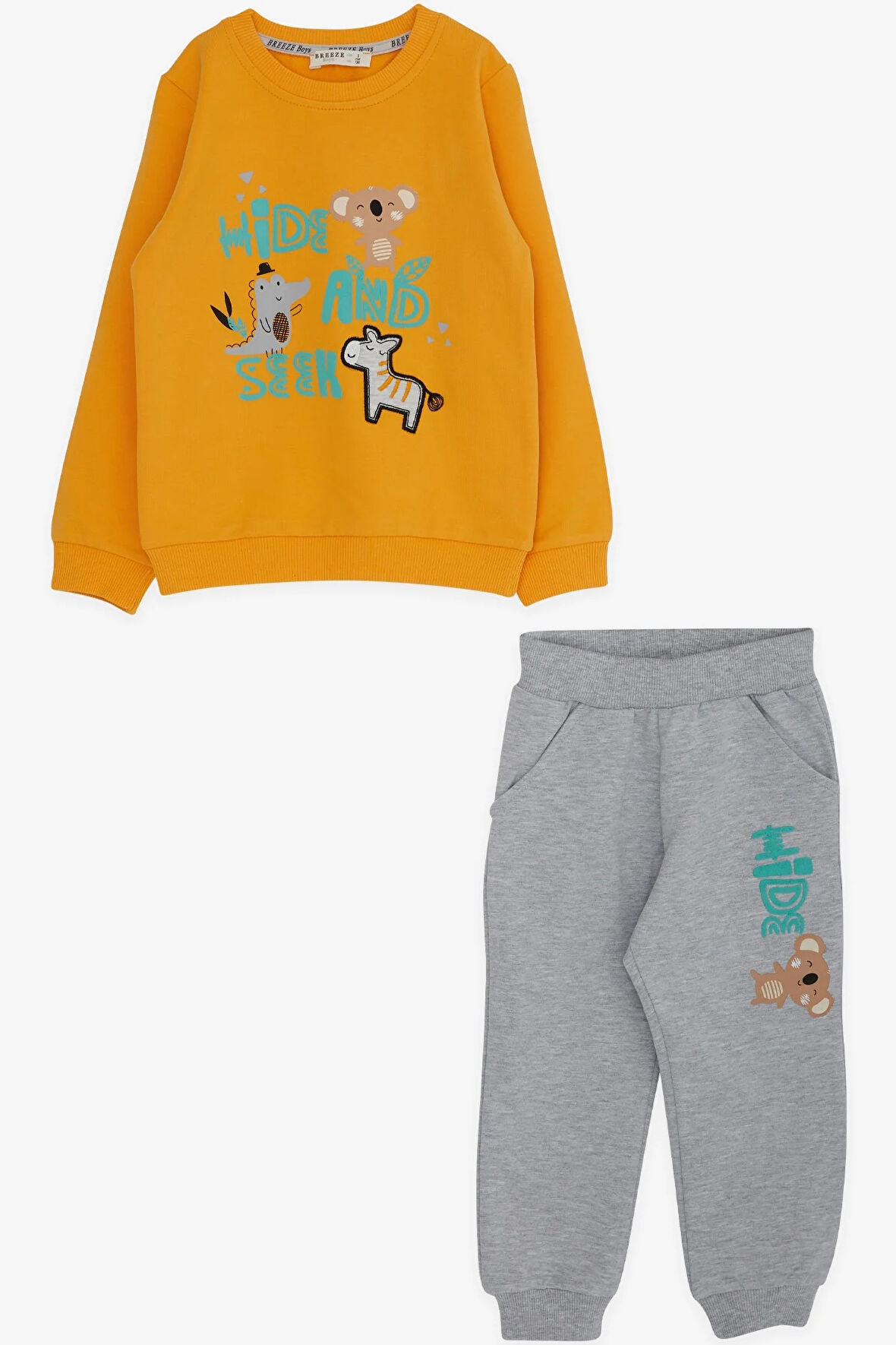 Breeze Erkek Bebek Eşofman Takımı Sevimli Hayvanlar Baskılı 9 Ay-3 Yaş, Hardal Sarı