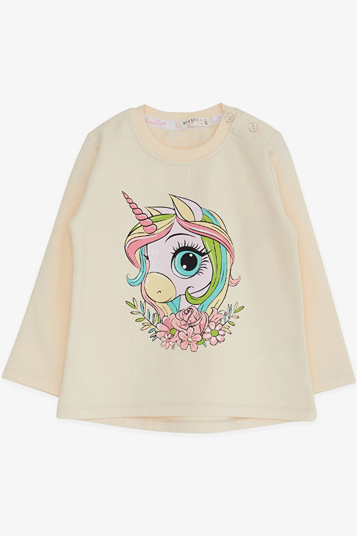Breeze Kız Çocuk Uzun Kollu Tişört Unicorn Baskılı 1.5-5 Yaş, Krem
