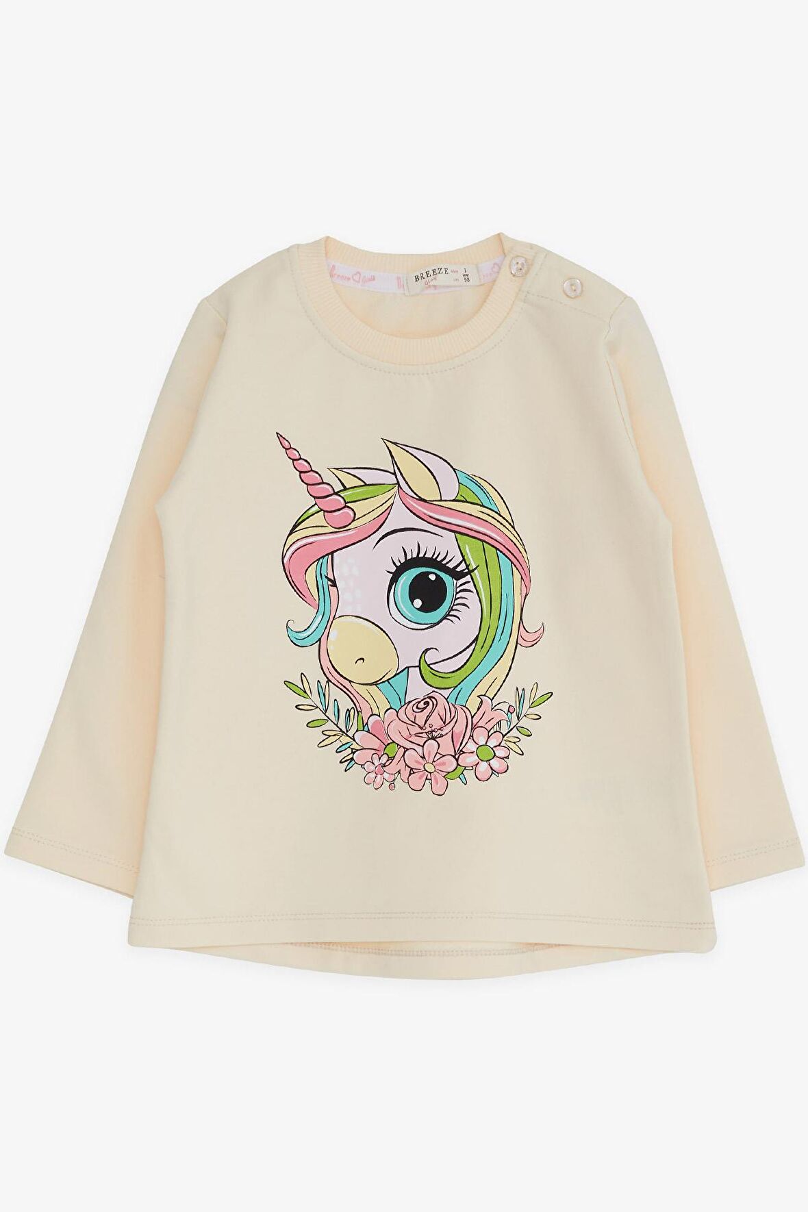 Breeze Kız Çocuk Uzun Kollu Tişört Unicorn Baskılı 1.5-5 Yaş, Krem