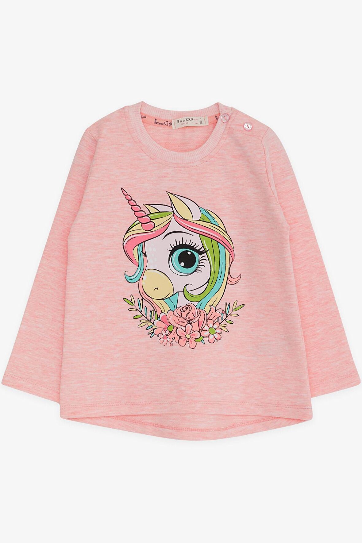 Breeze Kız Çocuk Uzun Kollu Tişört Unicorn Baskılı 1.5-5 Yaş, Somon Melanj