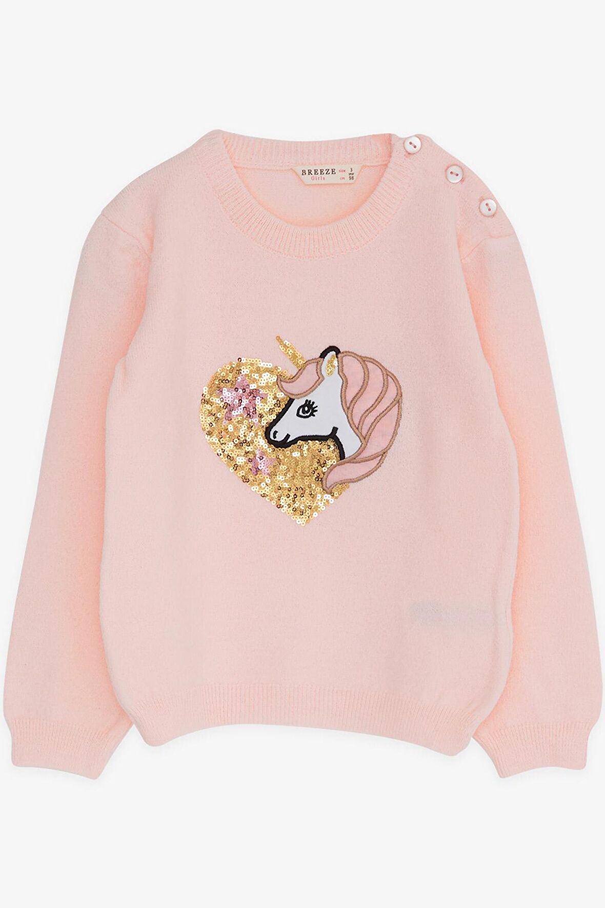Breeze Kız Çocuk Triko Kazak Pullu Unicorn Baskılı 1.5-5 Yaş, Pudra