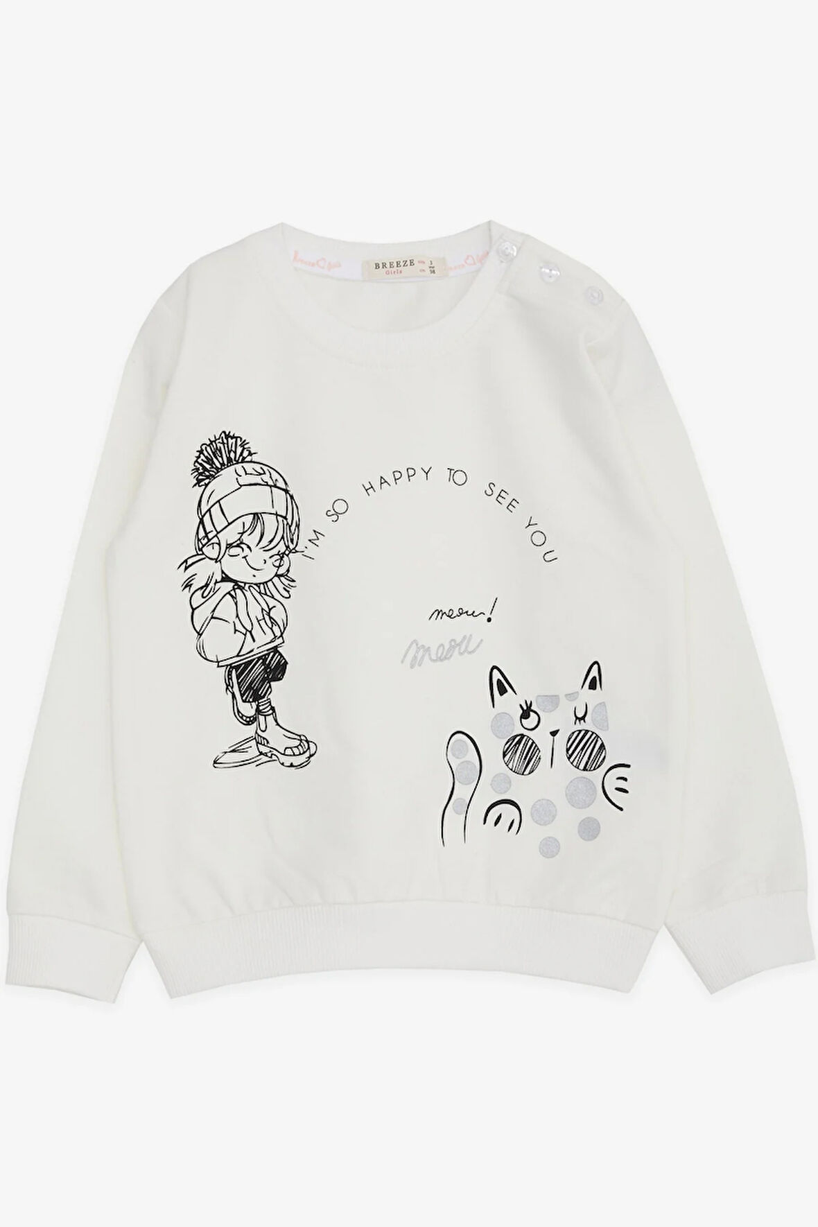 Breeze Kız Çocuk Sweatshirt Mutlu Kız Baskılı 1.5-5 Yaş, Ekru