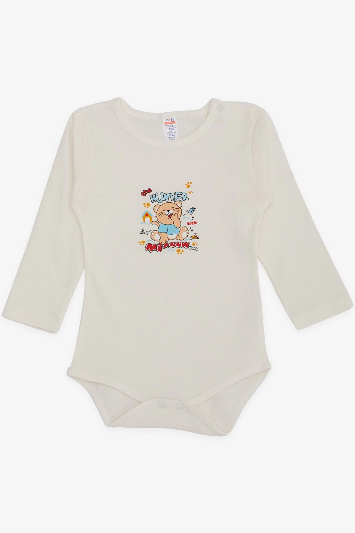 Breeze Erkek Bebek Çıtçıtlı Body Avcı Kedicik Baskılı 9 Ay-3 Yaş, Ekru