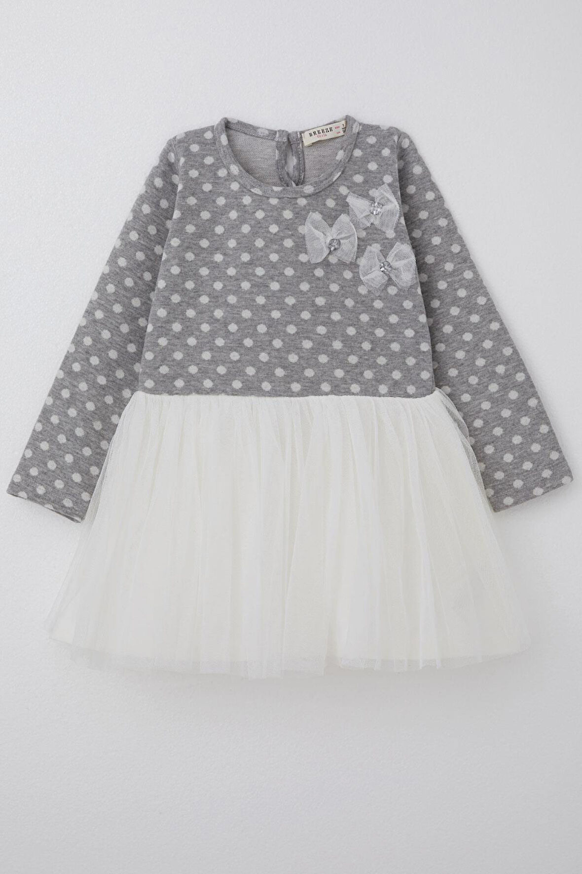 Breeze Kız Çocuk Uzun Kollu Elbise Tüllü Fiyonklu 1.5-5 Yaş, Açık Gri Melanj